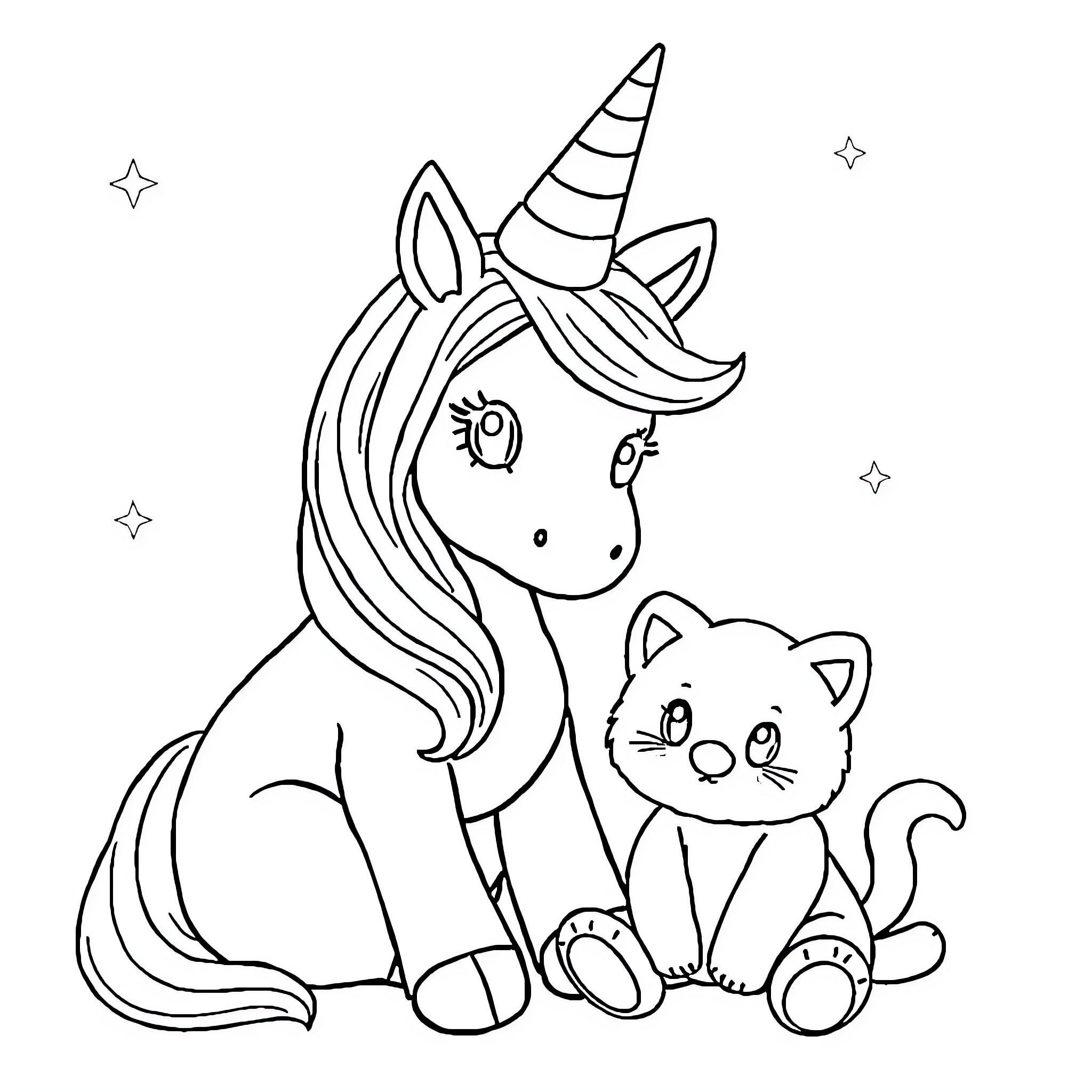Unicorn and Kitten in Enchanting Setting Coloring Page (free black-and-white line drawing printable PDF for all, from beginners to advanced learners, including children, teens, adults, and seniors)