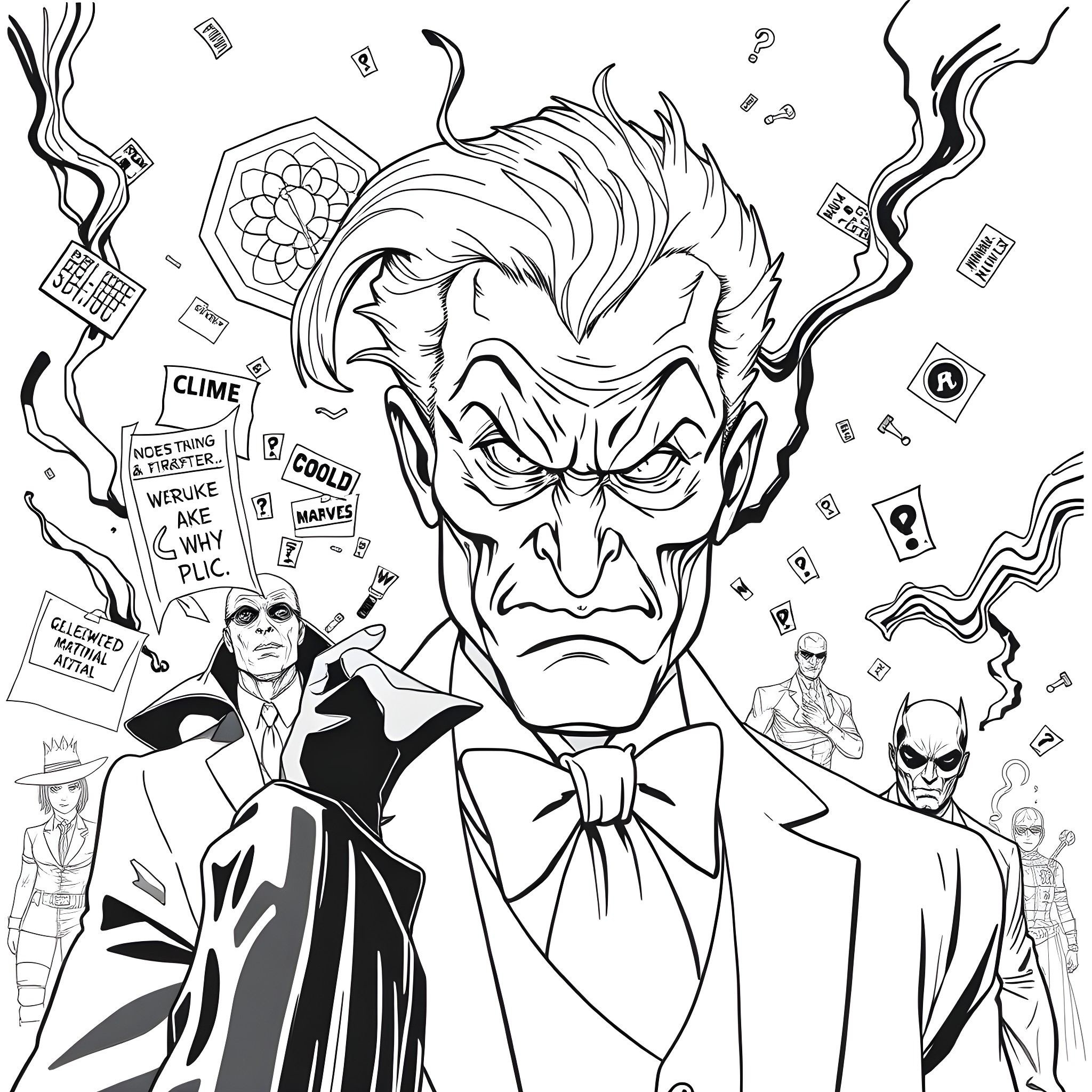 Riddler confronting Batman and other villains in a chaotic scene Coloring Page (free black-and-white line drawing printable PDF for all, from beginners to advanced learners, including children, teens, adults, and seniors)