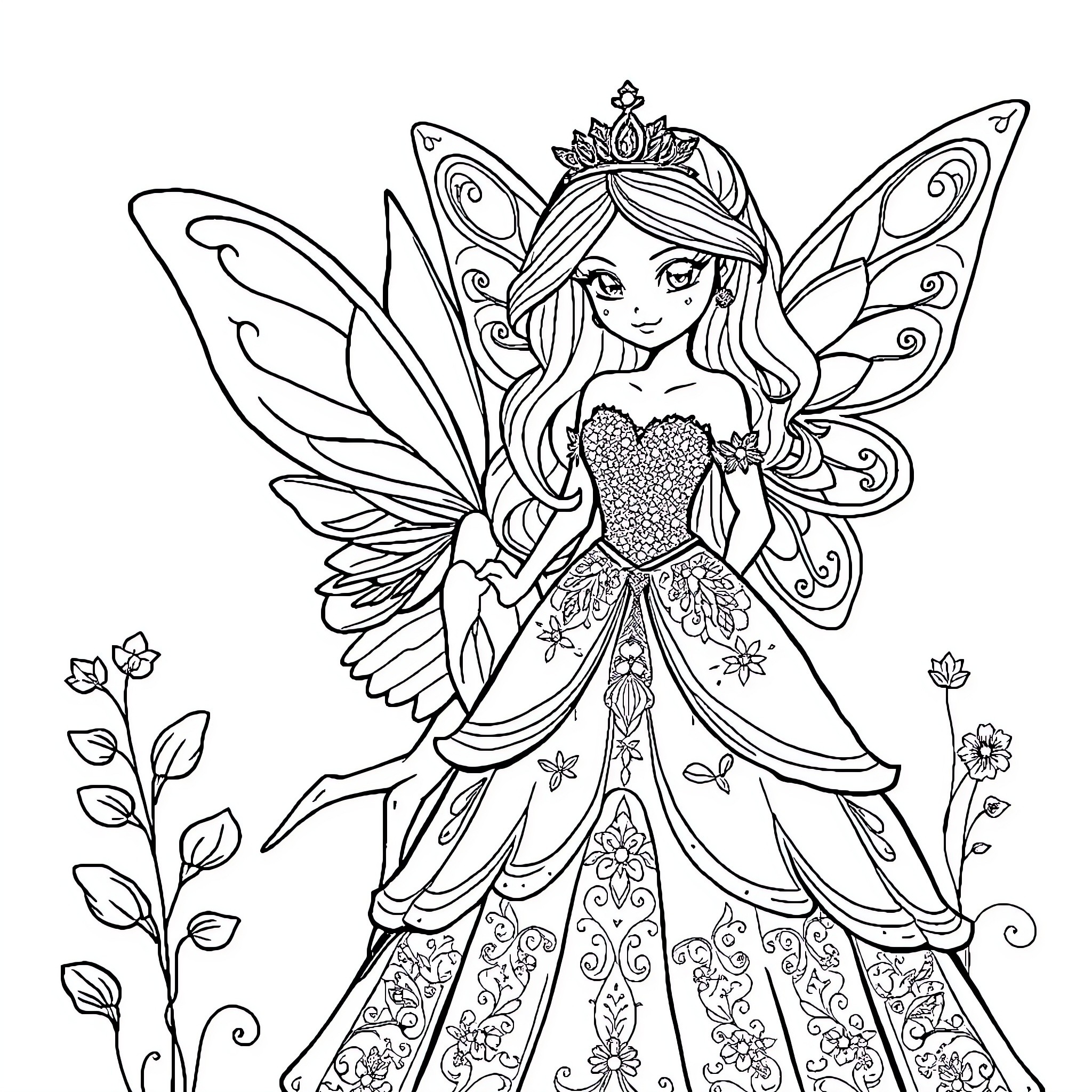 Fairy princess in elegant floral dress and wings Coloring Page (free black-and-white line drawing printable PDF for all, from beginners to advanced learners, including children, teens, adults, and seniors)