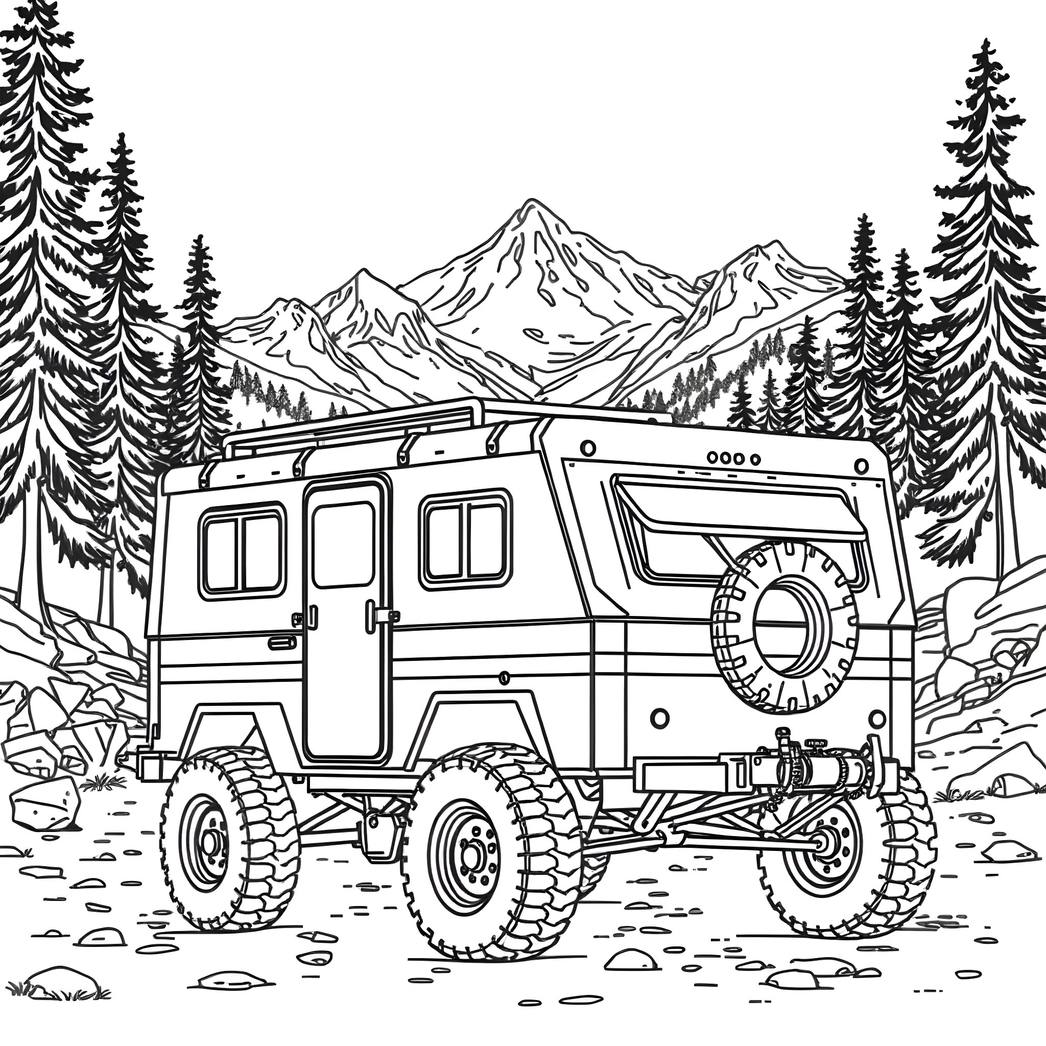 Trailer of an off-road camper truck in the mountains Coloring Page (free black-and-white line drawing printable PDF for all, from beginners to advanced learners, including children, teens, adults, and seniors)