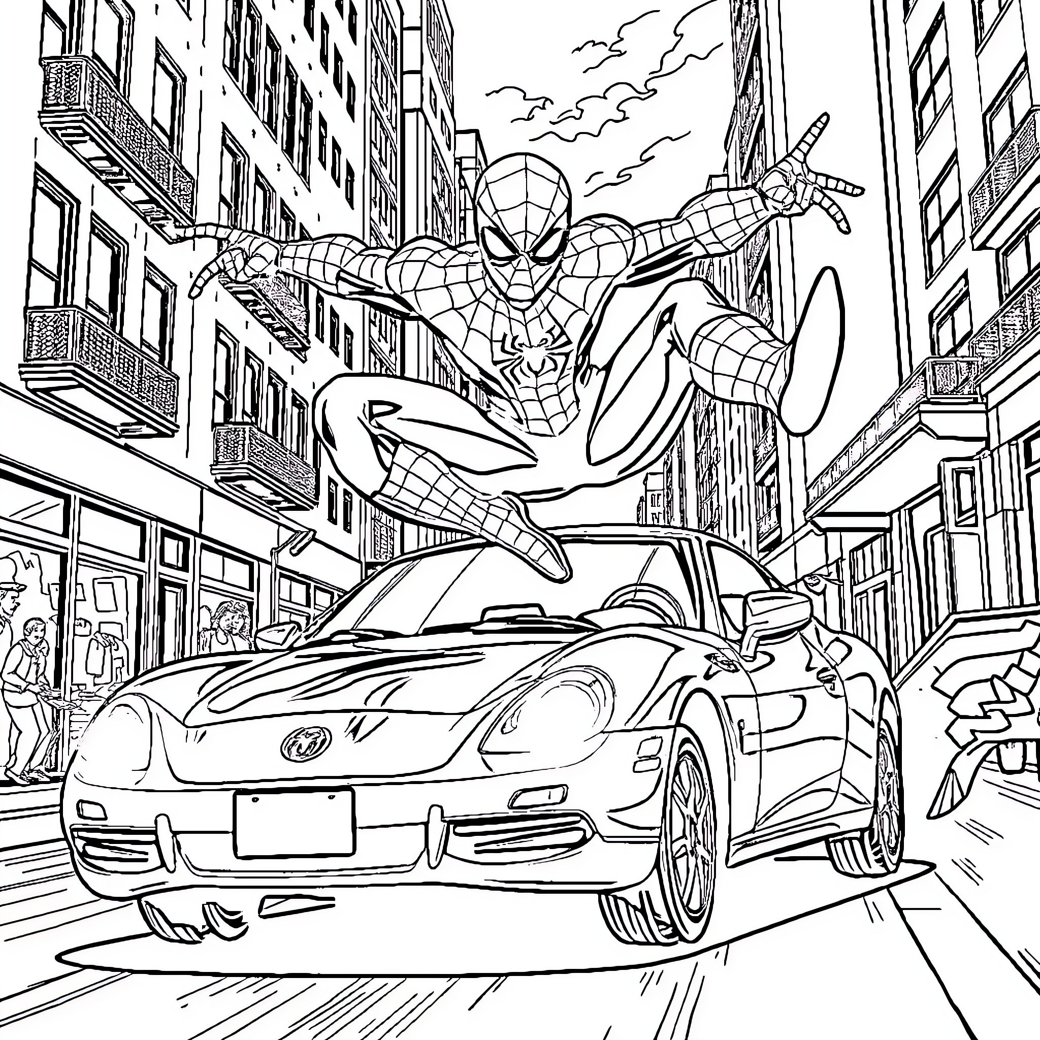 Spiderman swinging through the city, chasing a sports car Coloring Page (free black-and-white line drawing printable PDF for all, from beginners to advanced learners, including children, teens, adults, and seniors)