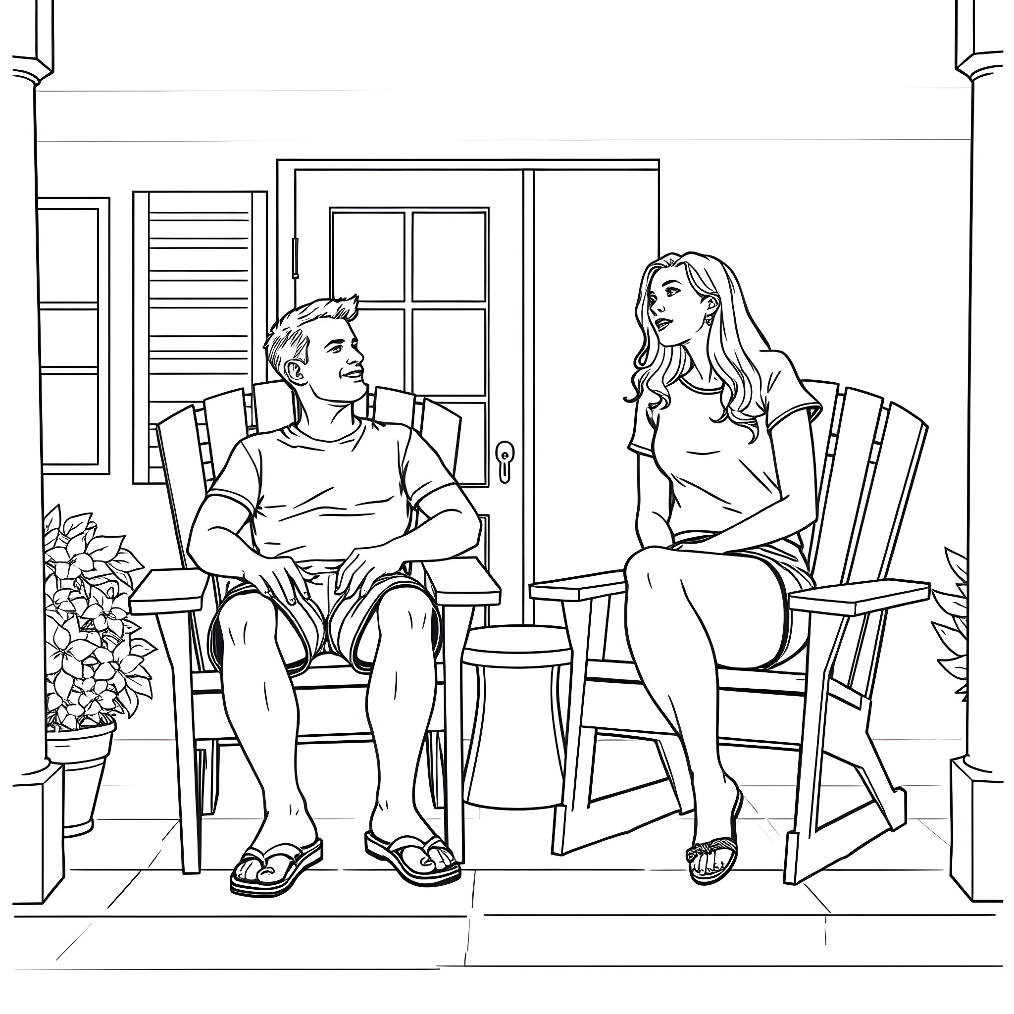 Person relaxing on porch with companion Coloring Page (free black-and-white line drawing printable PDF for all, from beginners to advanced learners, including children, teens, adults, and seniors)