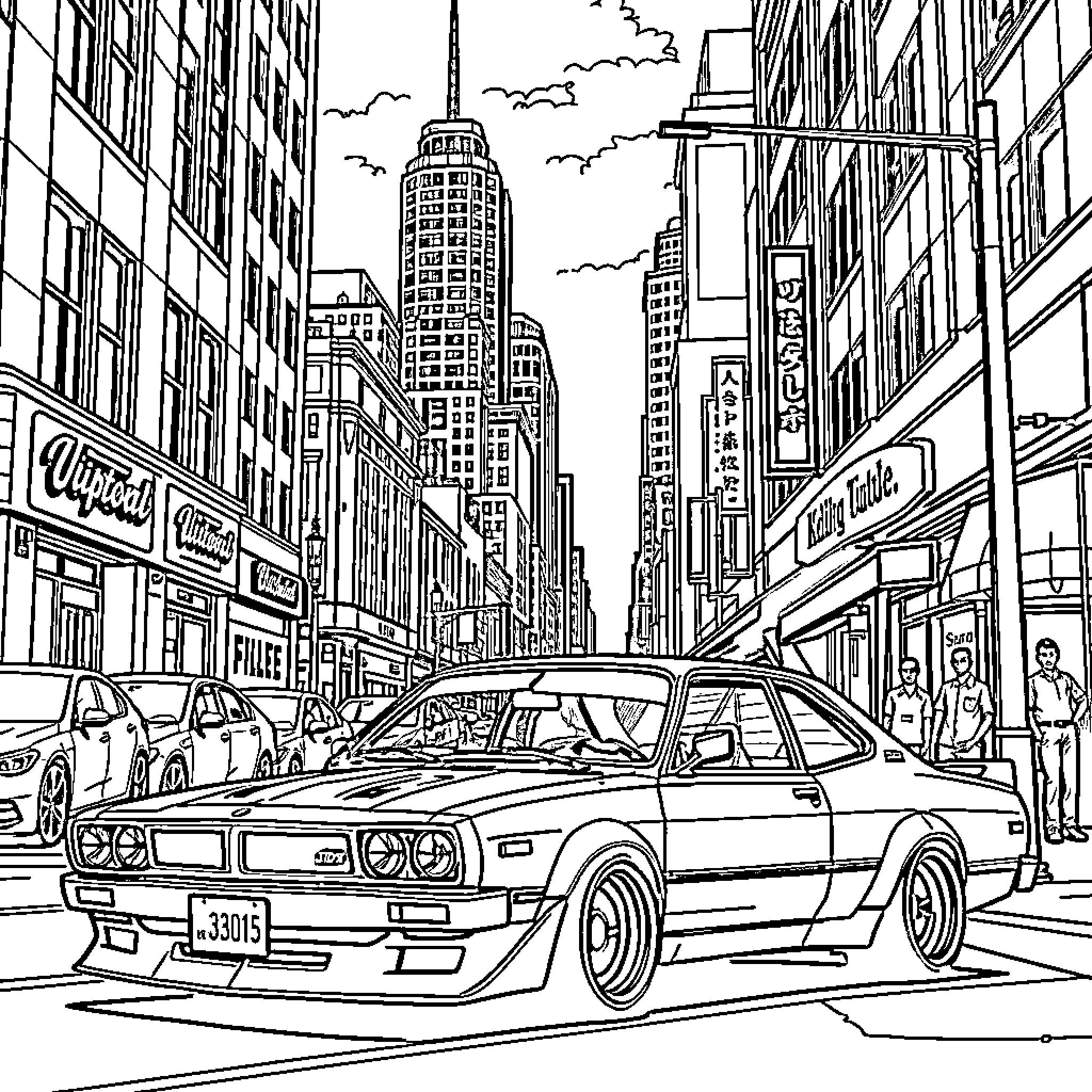 Car parked on a busy city street Coloring Page (free black-and-white line drawing printable PDF for all, from beginners to advanced learners, including children, teens, adults, and seniors)