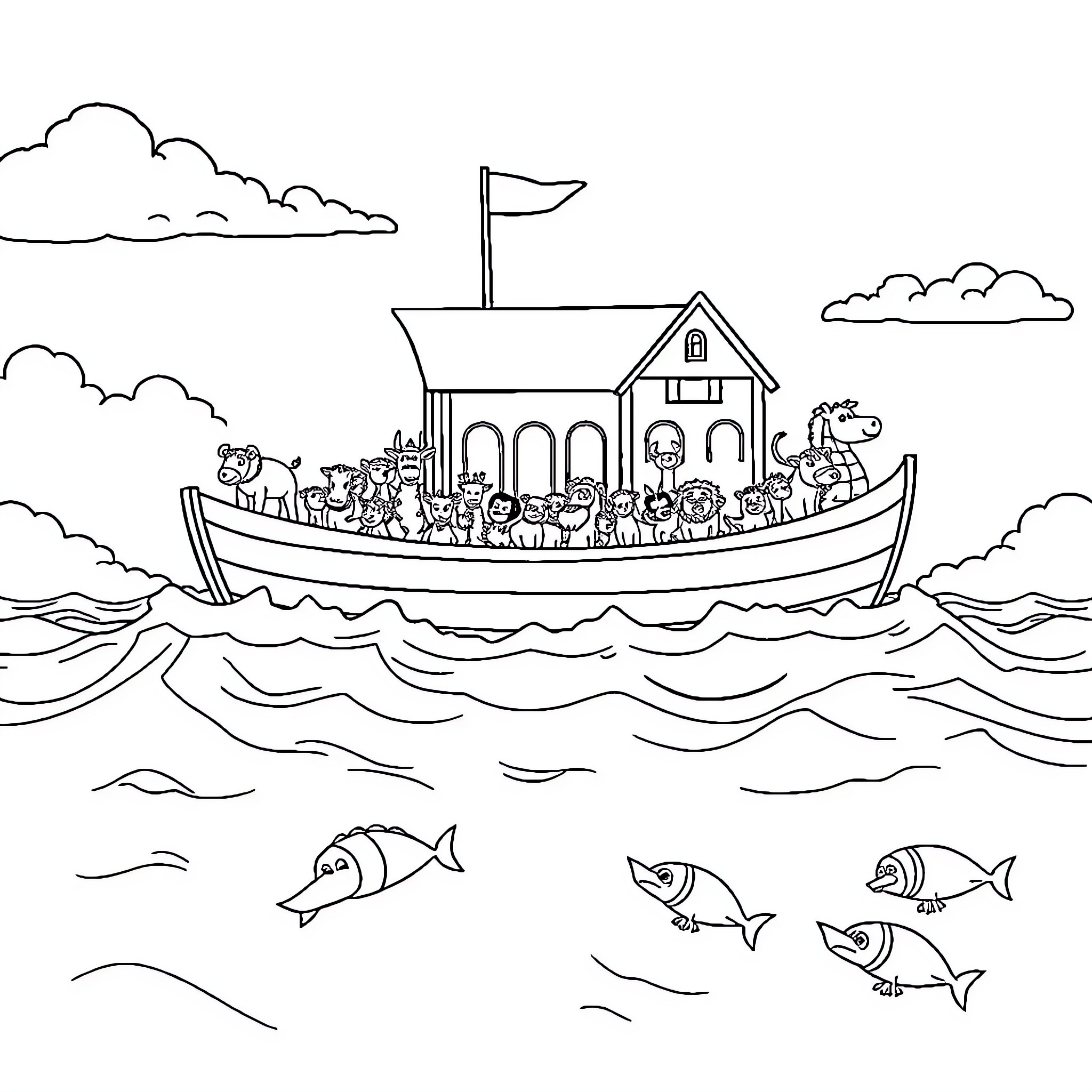 Noah's Ark Carrying Animals and Passengers at Sea Coloring Page (free black-and-white line drawing printable PDF for all, from beginners to advanced learners, including children, teens, adults, and seniors)