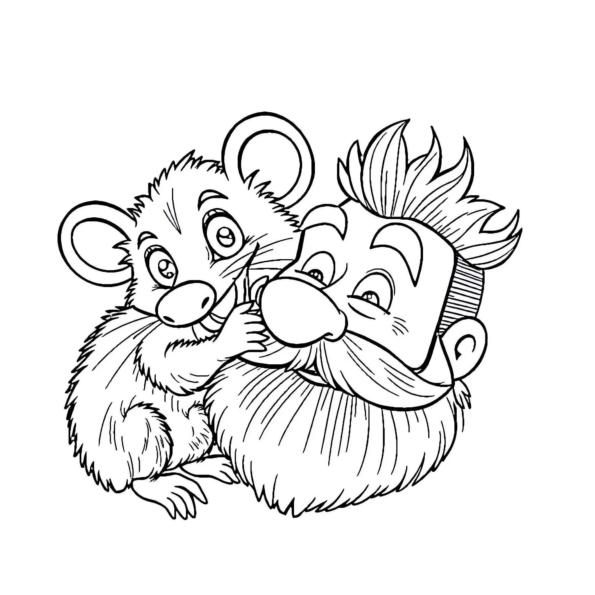 Possum friends in a whimsical scene Coloring Page (free black-and-white line drawing printable PDF for all, from beginners to advanced learners, including children, teens, adults, and seniors)