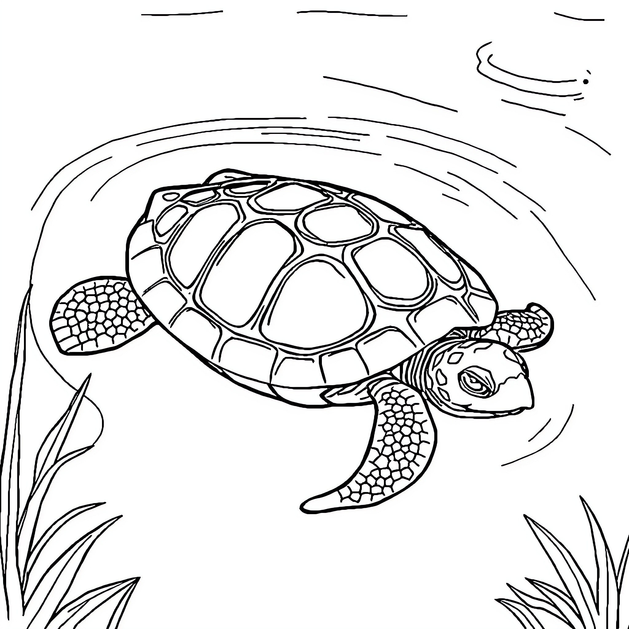 Turtle swimming through the ocean Coloring Page (free black-and-white line drawing printable PDF for all, from beginners to advanced learners, including children, teens, adults, and seniors)