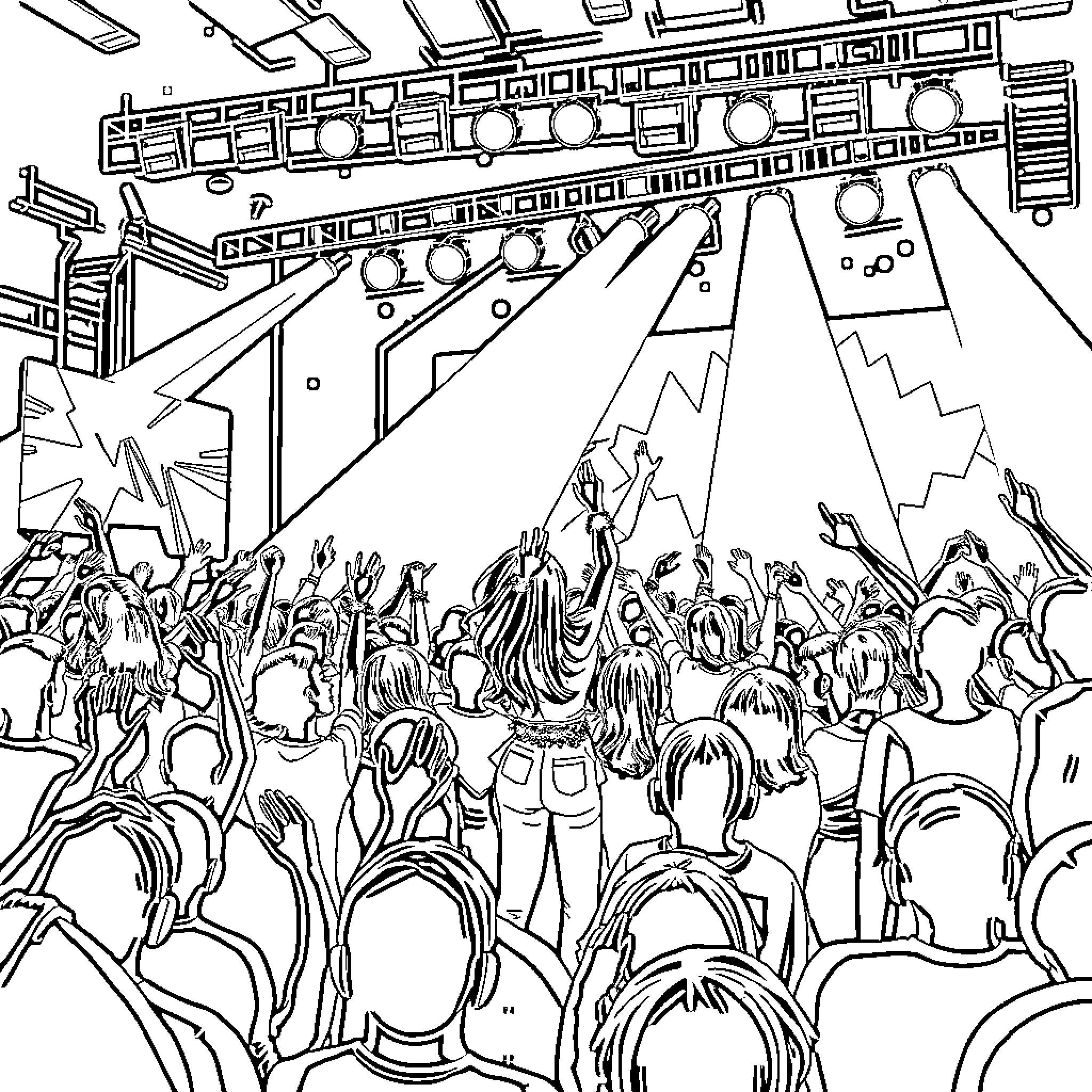 K Pop Musical Stage Performance with Energetic Crowd Coloring Page (free black-and-white line drawing printable PDF for all, from beginners to advanced learners, including children, teens, adults, and seniors)