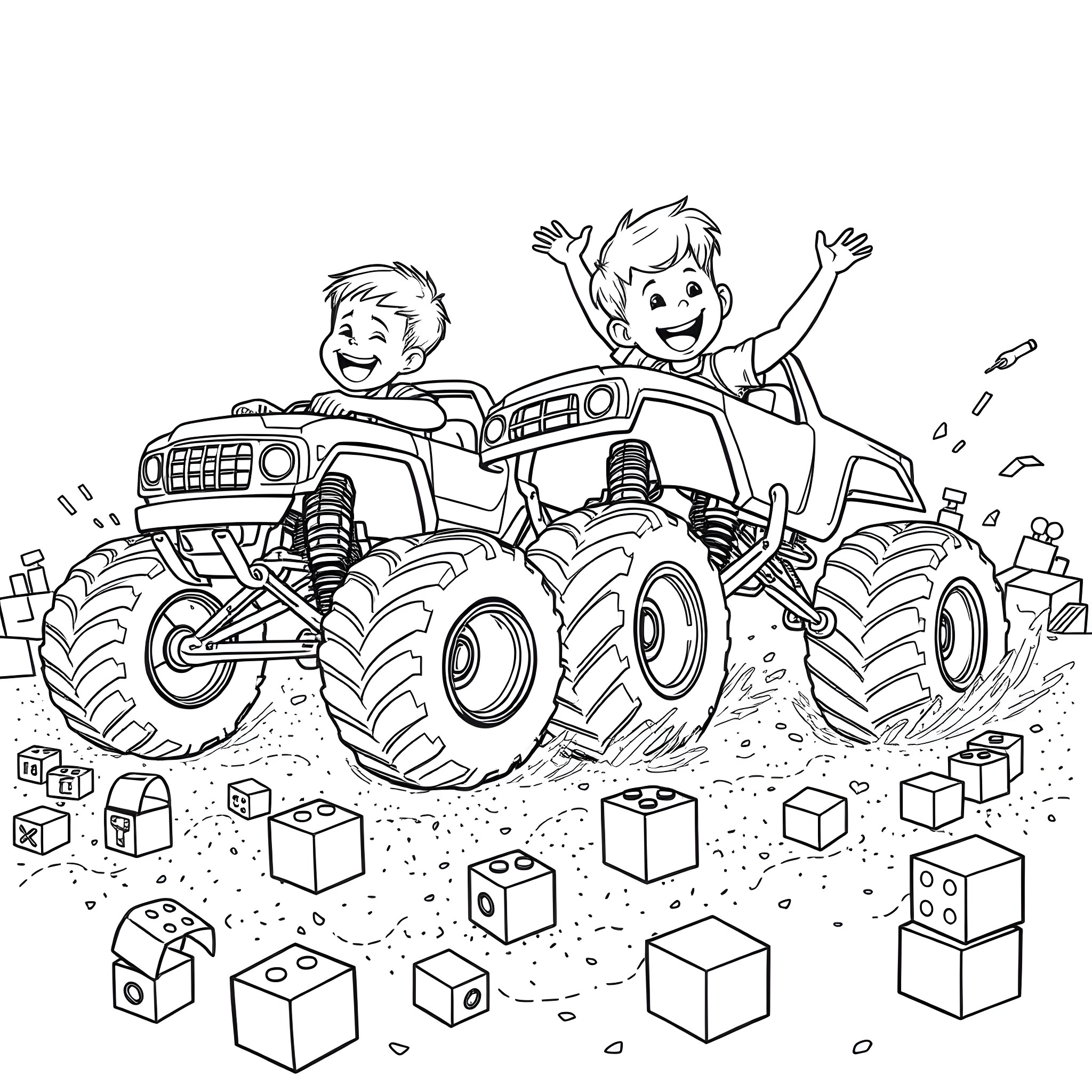 Toddlers driving a monster truck with excitement Coloring Page (free black-and-white line drawing printable PDF for all, from beginners to advanced learners, including children, teens, adults, and seniors)