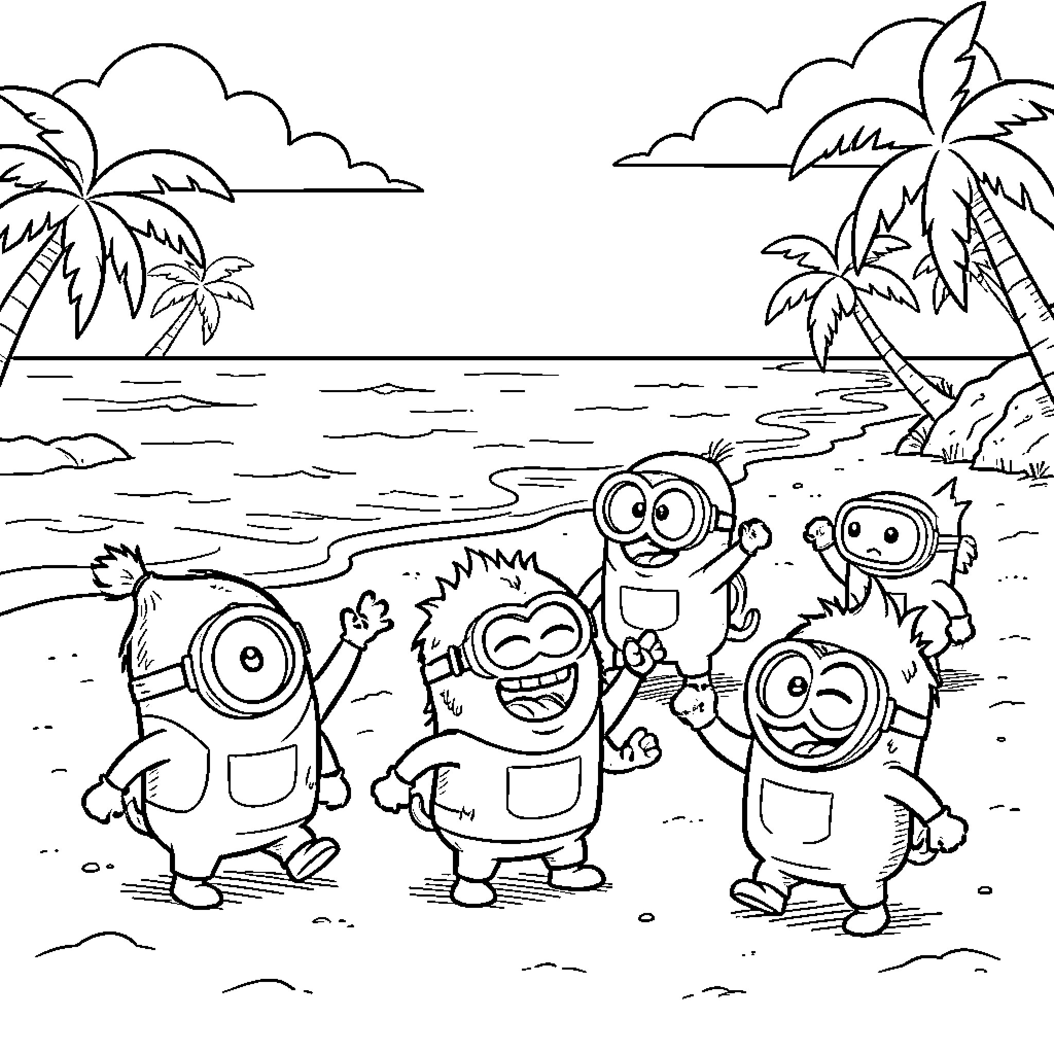 Minions enjoying a day at the beach Coloring Page (free black-and-white line drawing printable PDF for all, from beginners to advanced learners, including children, teens, adults, and seniors)