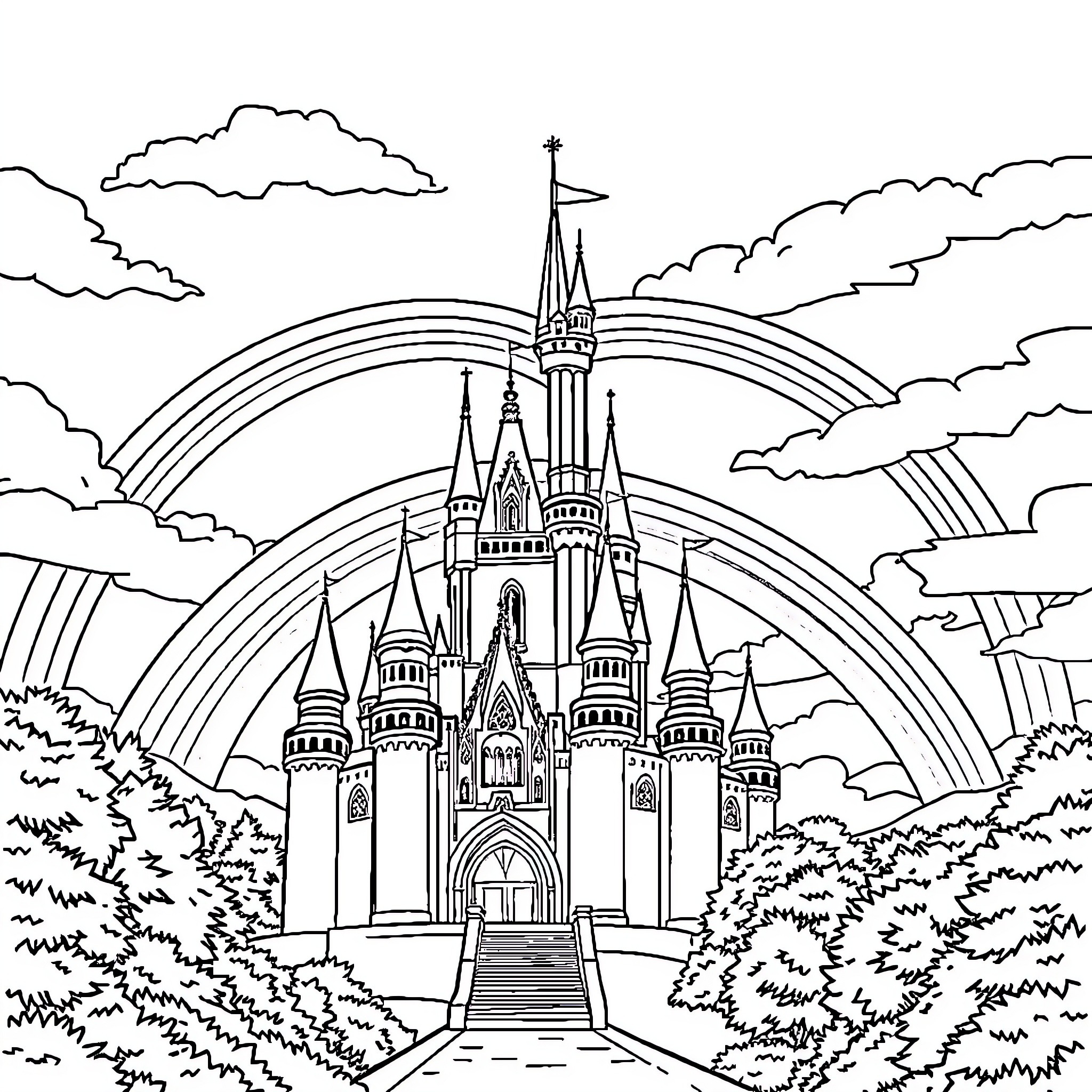 Castle Surrounded by Majestic Rainbow in the Sky Coloring Page (free black-and-white line drawing printable PDF for all, from beginners to advanced learners, including children, teens, adults, and seniors)