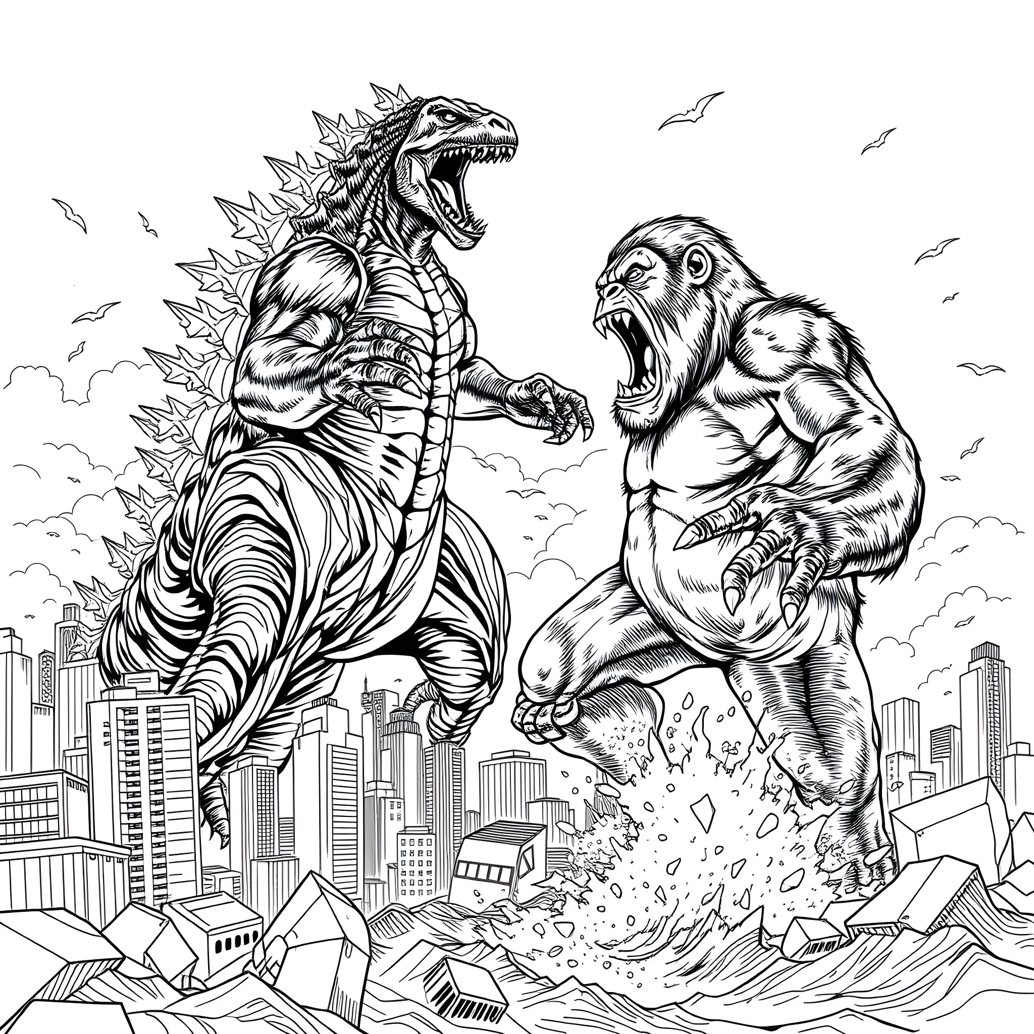 Godzilla battling a giant monster in a city skyline Coloring Page (free black-and-white line drawing printable PDF for all, from beginners to advanced learners, including children, teens, adults, and seniors)