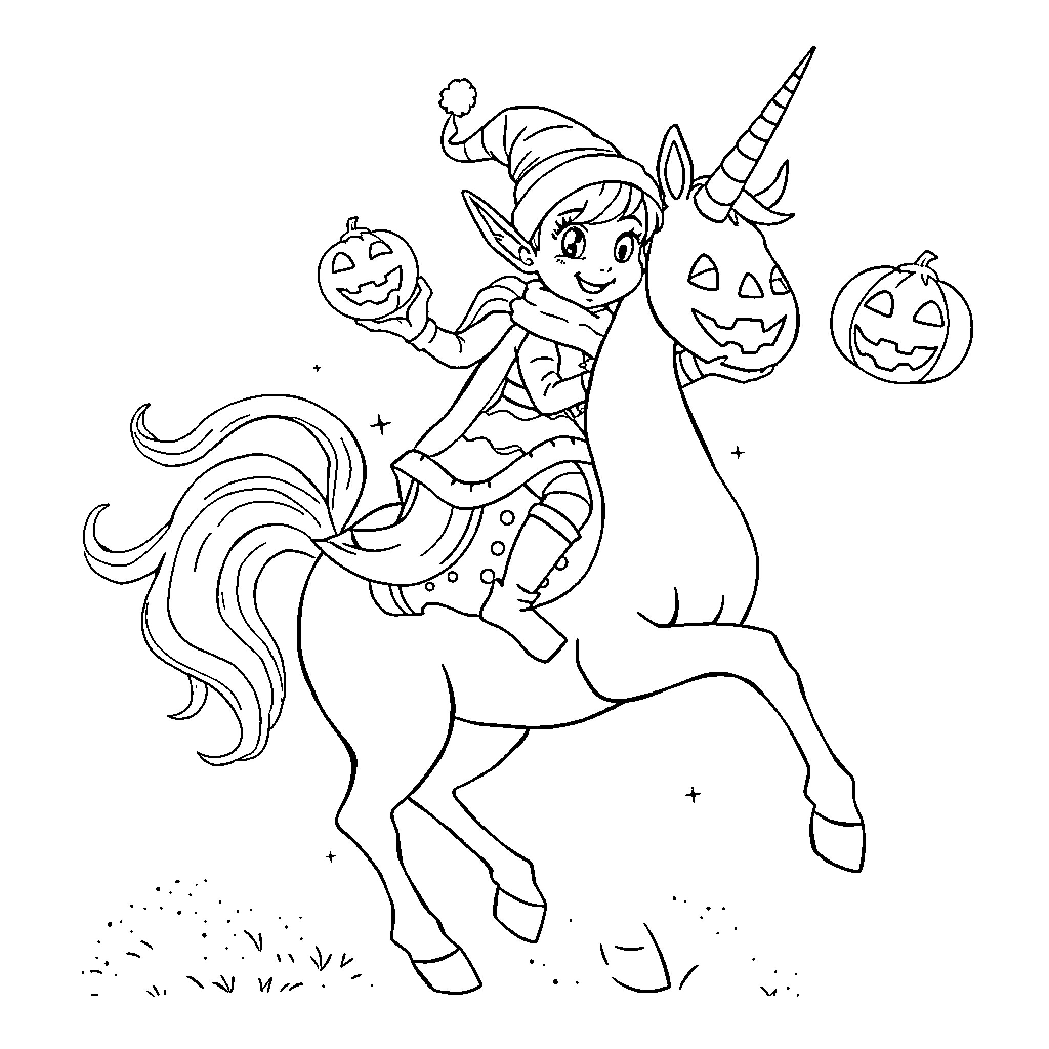 Unicorn Rider in Halloween Costume Carrying Pumpkins Coloring Page (free black-and-white line drawing printable PDF for all, from beginners to advanced learners, including children, teens, adults, and seniors)