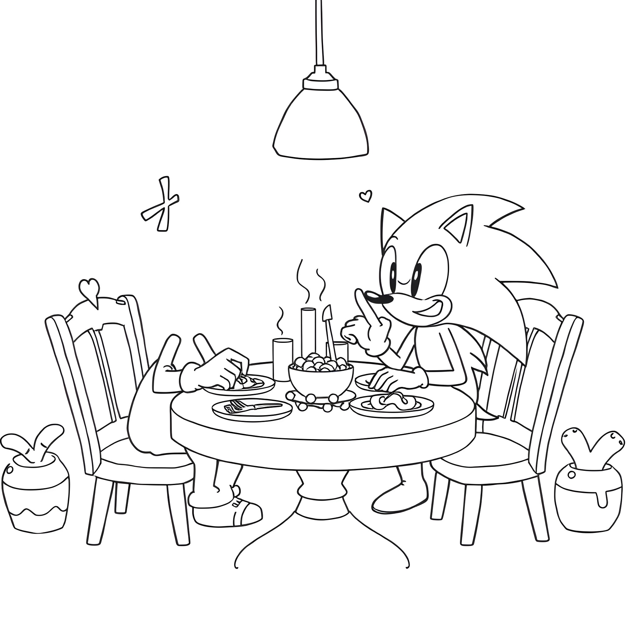 Among Us Character Enjoying a Cozy Dinner Coloring Page (free black-and-white line drawing printable PDF for all, from beginners to advanced learners, including children, teens, adults, and seniors)