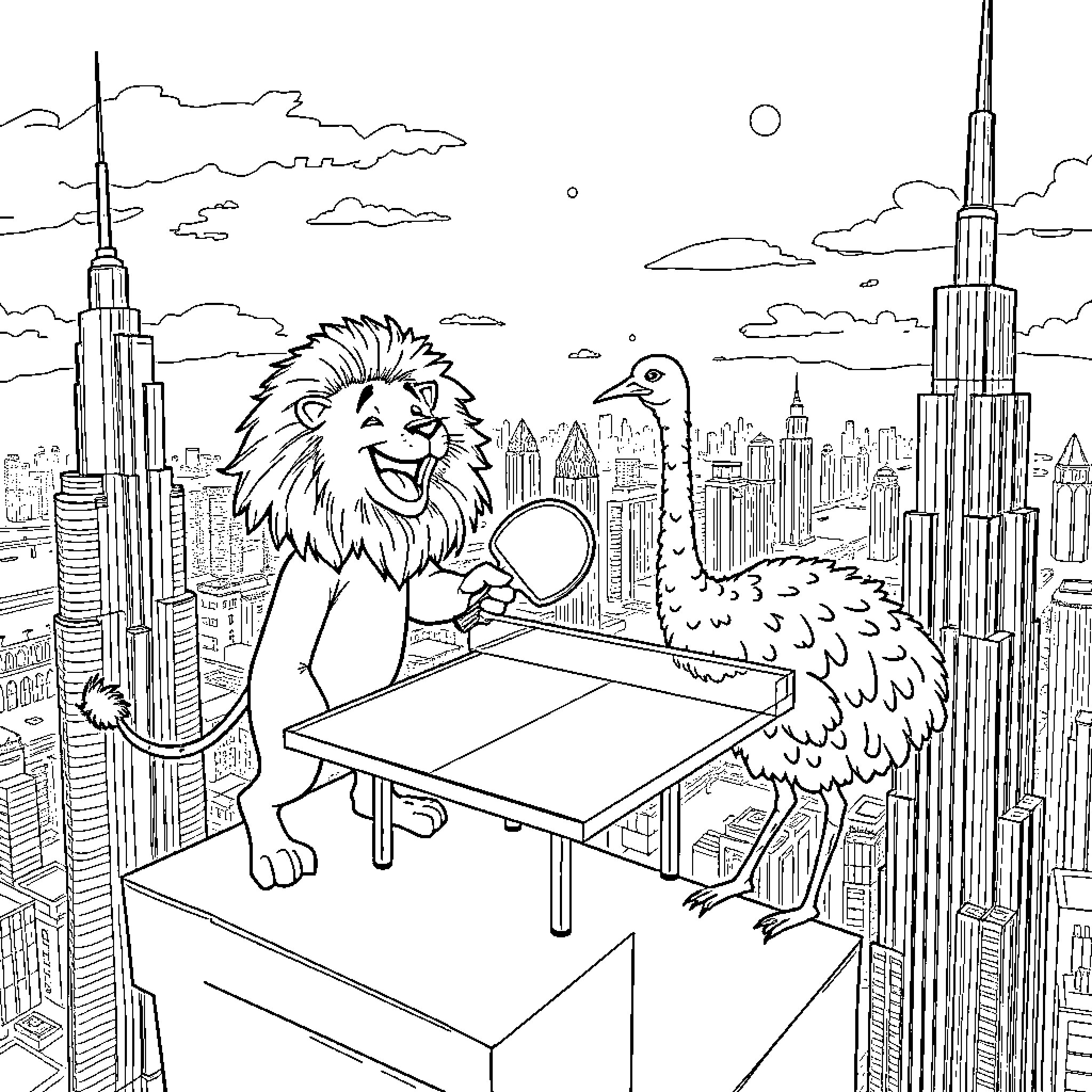 Lion exploring a futuristic city skyline with a bird Coloring Page (free black-and-white line drawing printable PDF for all, from beginners to advanced learners, including children, teens, adults, and seniors)