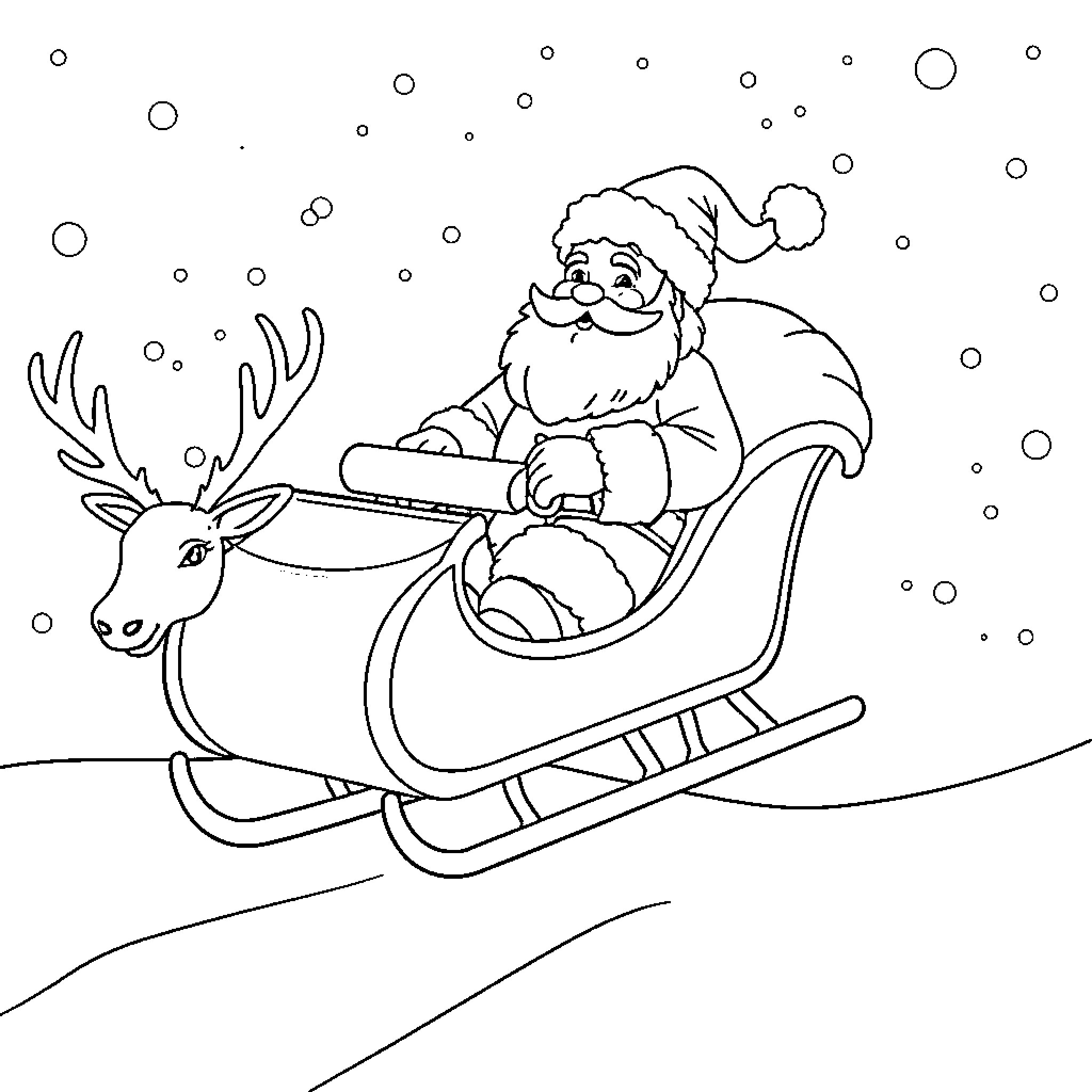 Santa Claus riding a sleigh with reindeer Coloring Page (free black-and-white line drawing printable PDF for all, from beginners to advanced learners, including children, teens, adults, and seniors)
