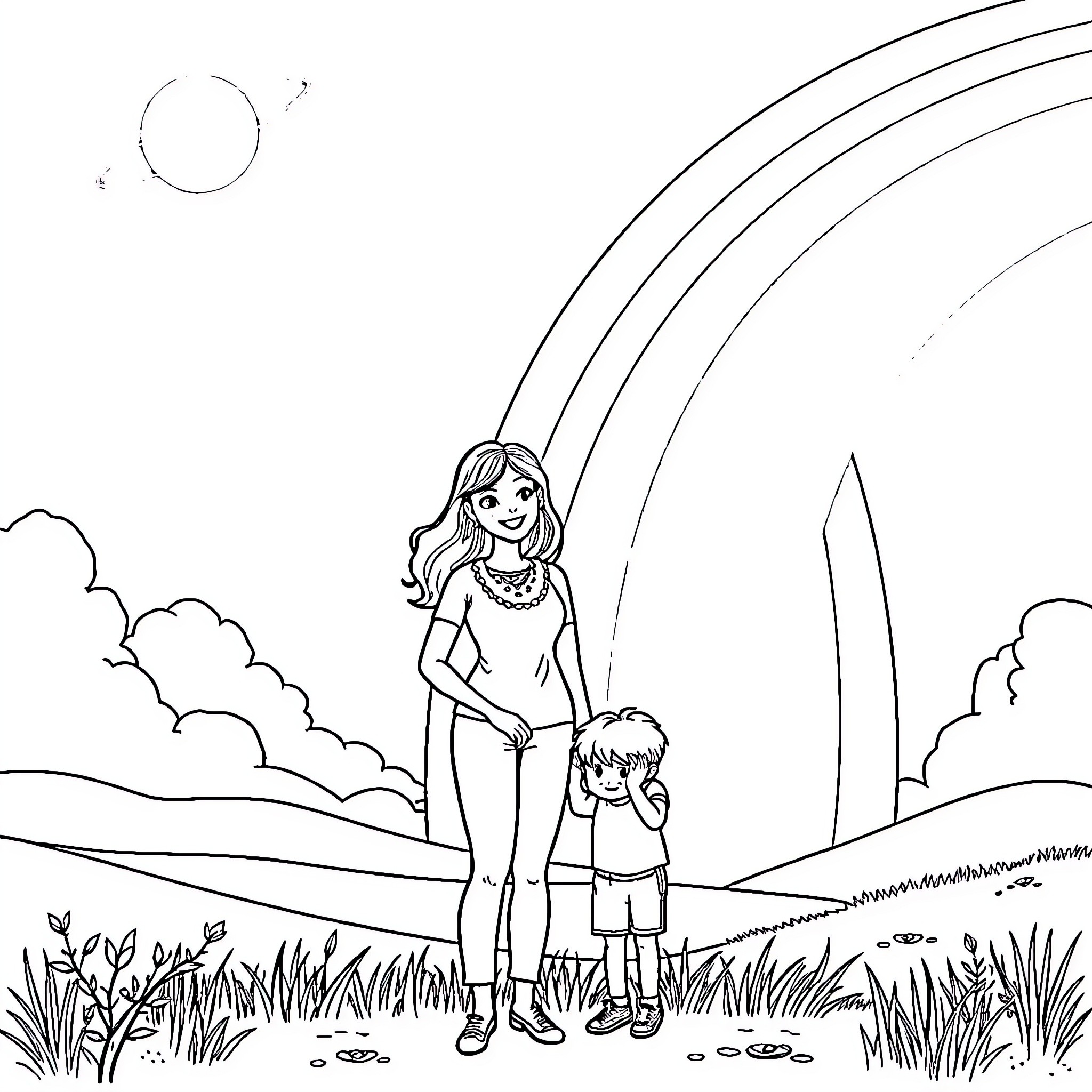 Mom and child enjoying nature under a rainbow Coloring Page (free black-and-white line drawing printable PDF for all, from beginners to advanced learners, including children, teens, adults, and seniors)