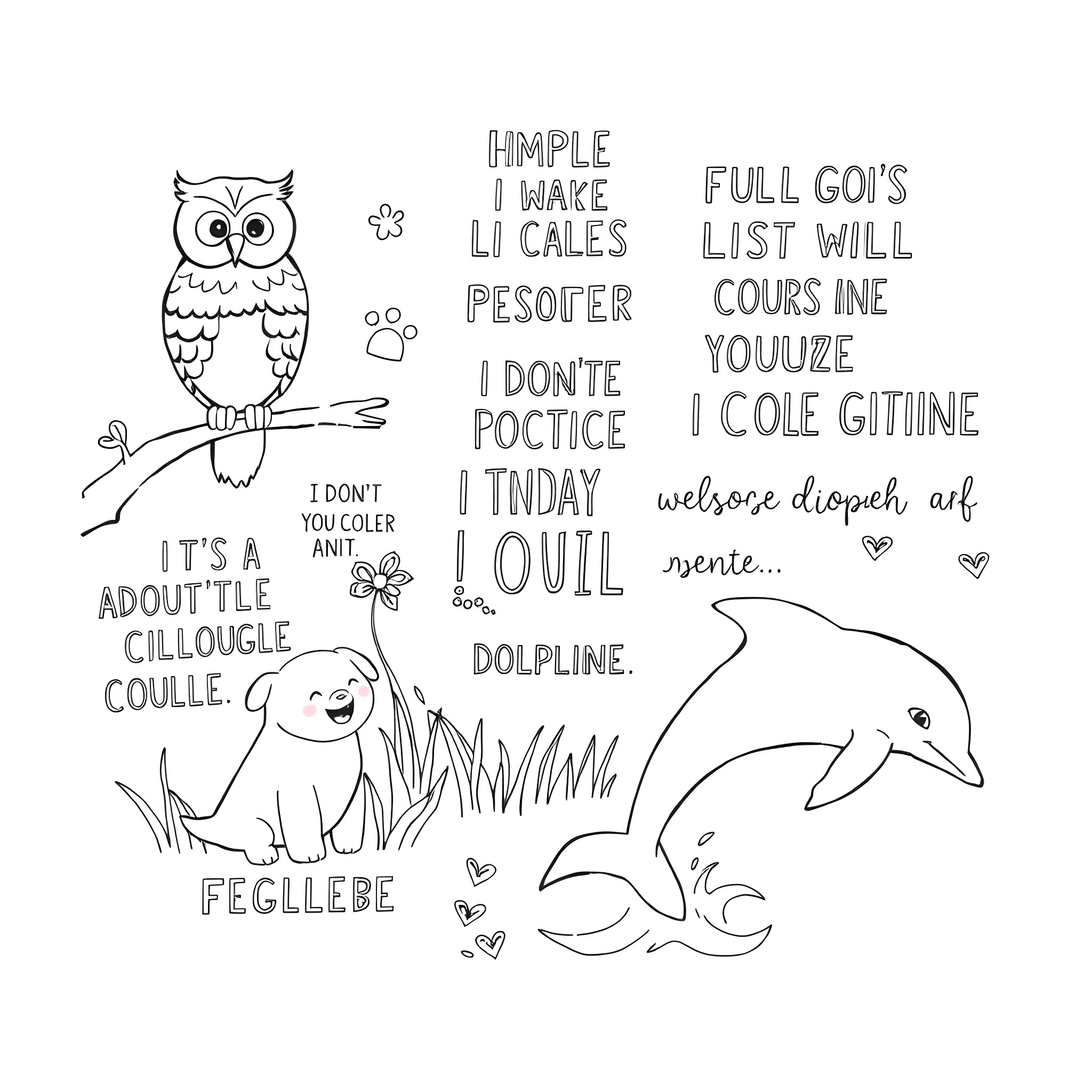 Animal friends interacting with whimsical text Coloring Page (free black-and-white line drawing printable PDF for all, from beginners to advanced learners, including children, teens, adults, and seniors)