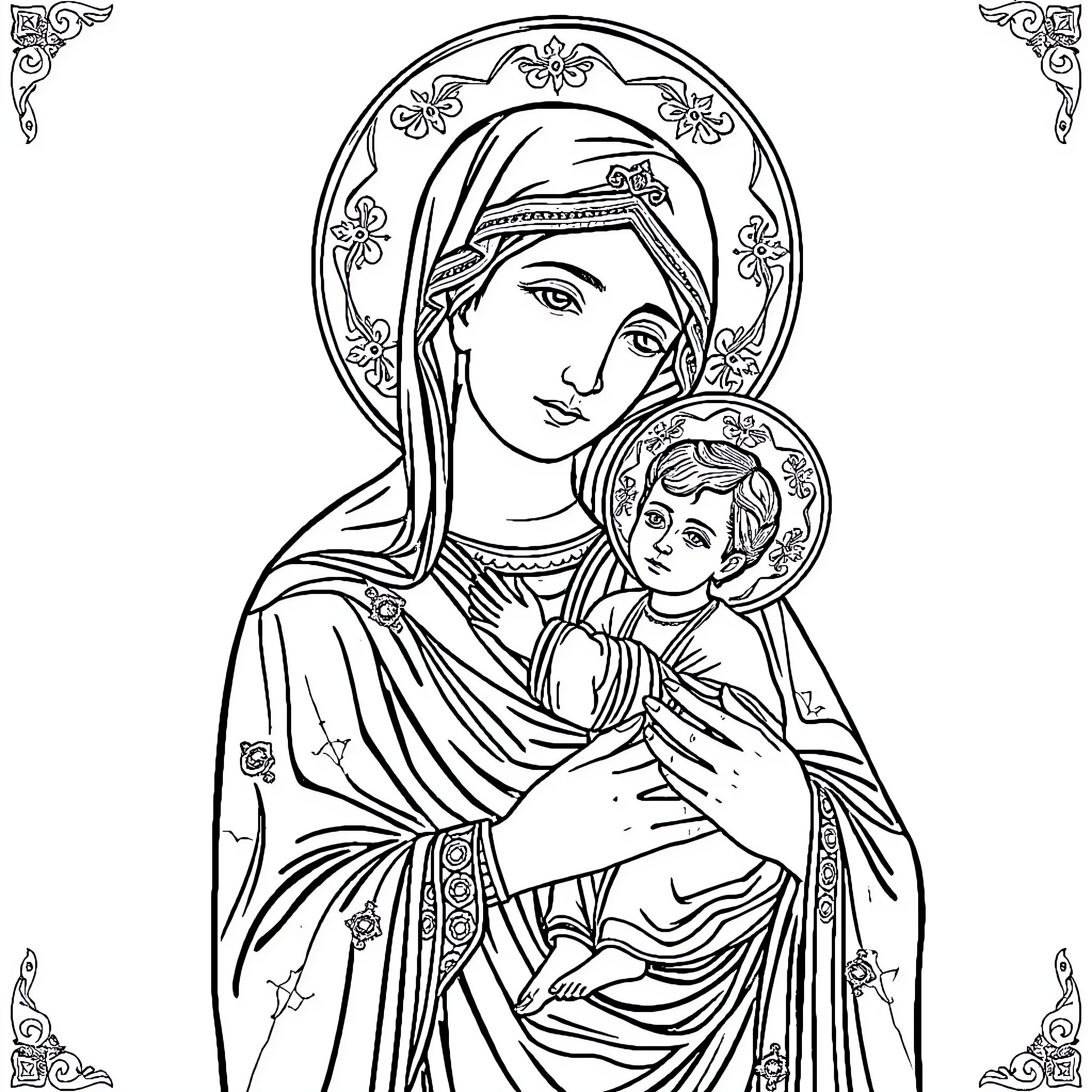 Theotokos and Child in Ornate Frame Coloring Page (free black-and-white line drawing printable PDF for all, from beginners to advanced learners, including children, teens, adults, and seniors)