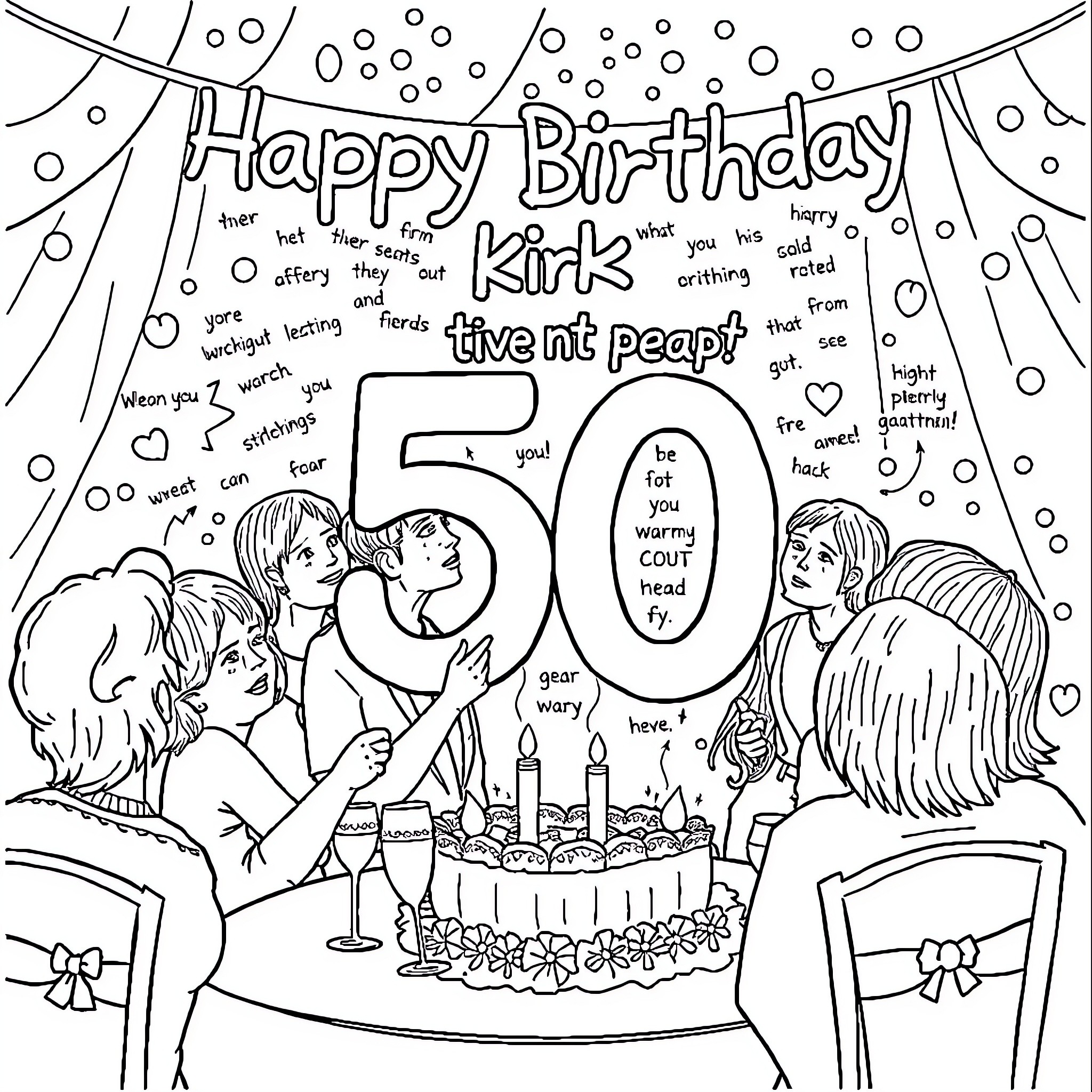Birthday Celebration with Friends and Cake Coloring Page (free black-and-white line drawing printable PDF for all, from beginners to advanced learners, including children, teens, adults, and seniors)