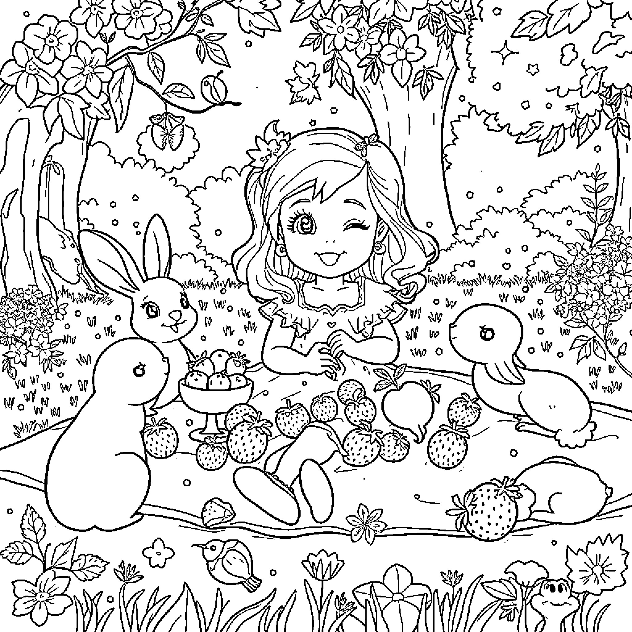 Charlotte's Enchanted Garden Adventure Coloring Page (free black-and-white line drawing printable PDF for all, from beginners to advanced learners, including children, teens, adults, and seniors)