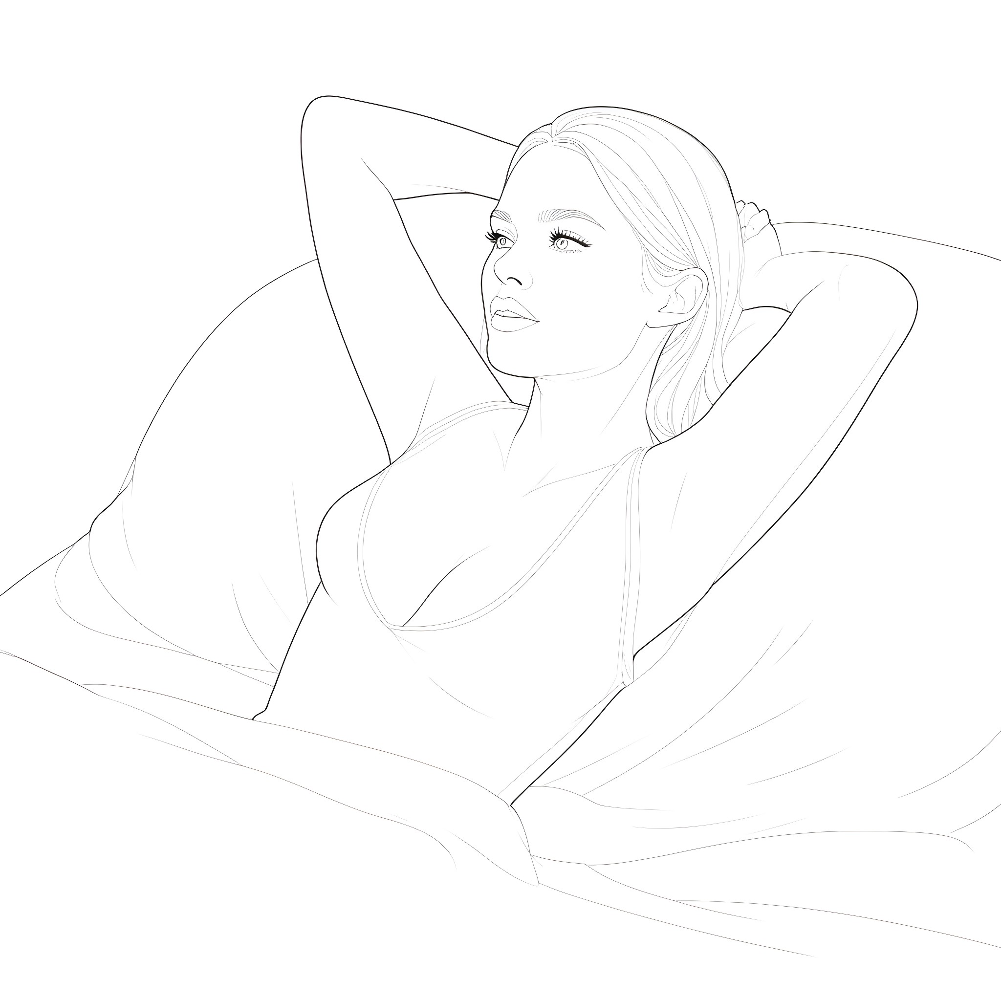 Woman resting comfortably on bed Coloring Page (free black-and-white line drawing printable PDF for all, from beginners to advanced learners, including children, teens, adults, and seniors)
