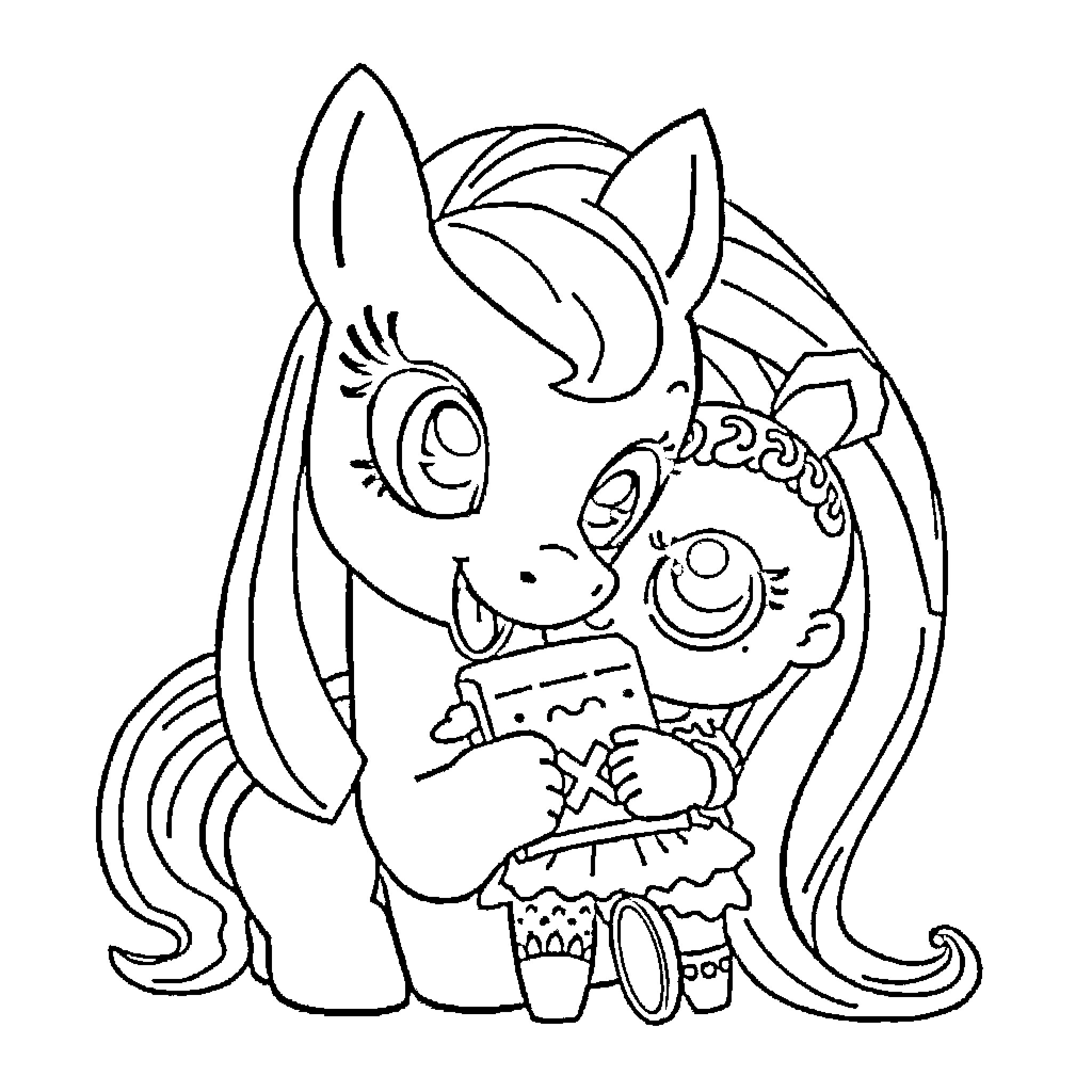 Pony embracing a doll in a whimsical outfit Coloring Page (free black-and-white line drawing printable PDF for all, from beginners to advanced learners, including children, teens, adults, and seniors)