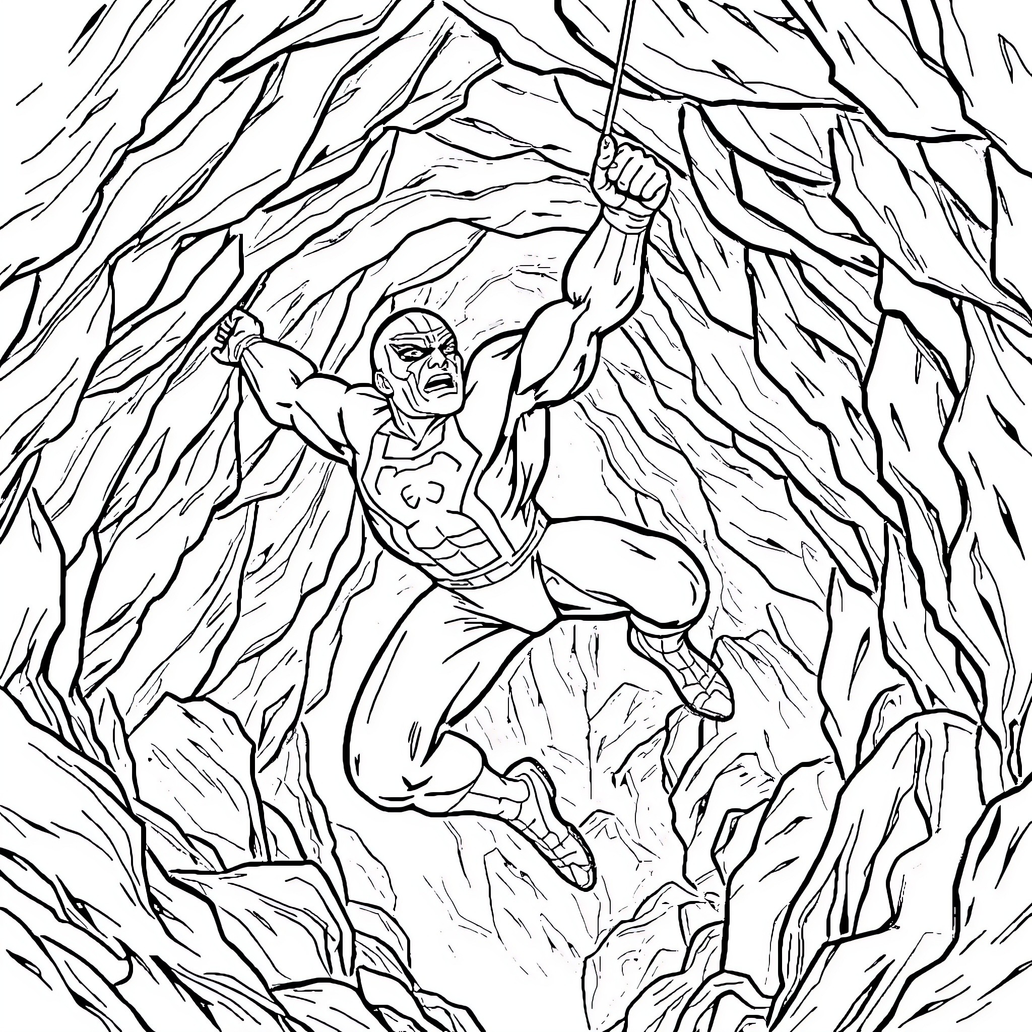 Hulk Hogan battles through the treacherous terrain Coloring Page (free black-and-white line drawing printable PDF for all, from beginners to advanced learners, including children, teens, adults, and seniors)