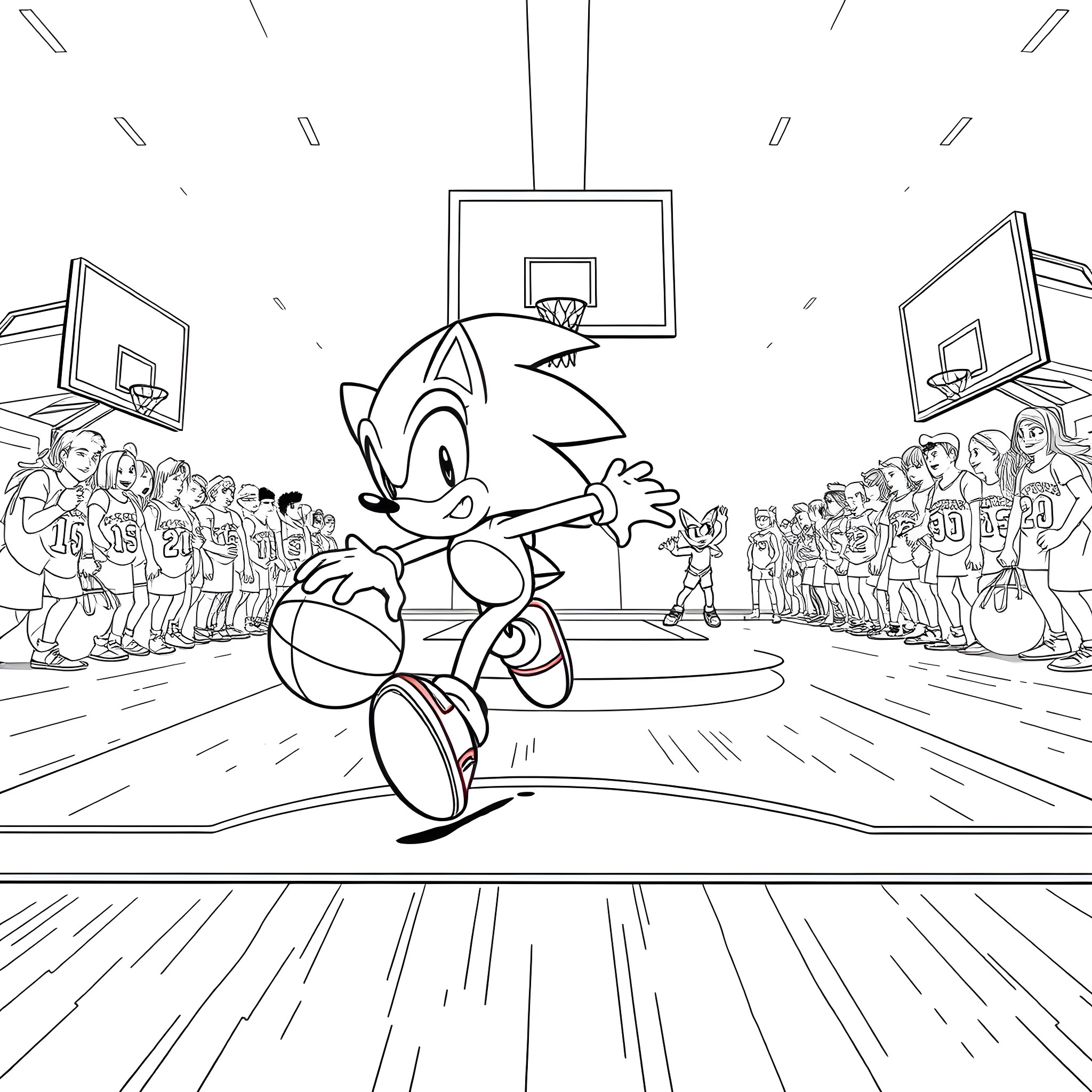 Sonic the Hedgehog playing basketball with crowd Coloring Page (free black-and-white line drawing printable PDF for all, from beginners to advanced learners, including children, teens, adults, and seniors)