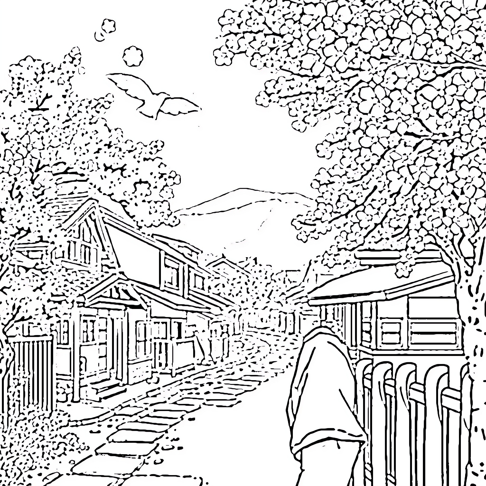 Boy strolling through a quaint traditional village Coloring Page (free black-and-white line drawing printable PDF for all, from beginners to advanced learners, including children, teens, adults, and seniors)