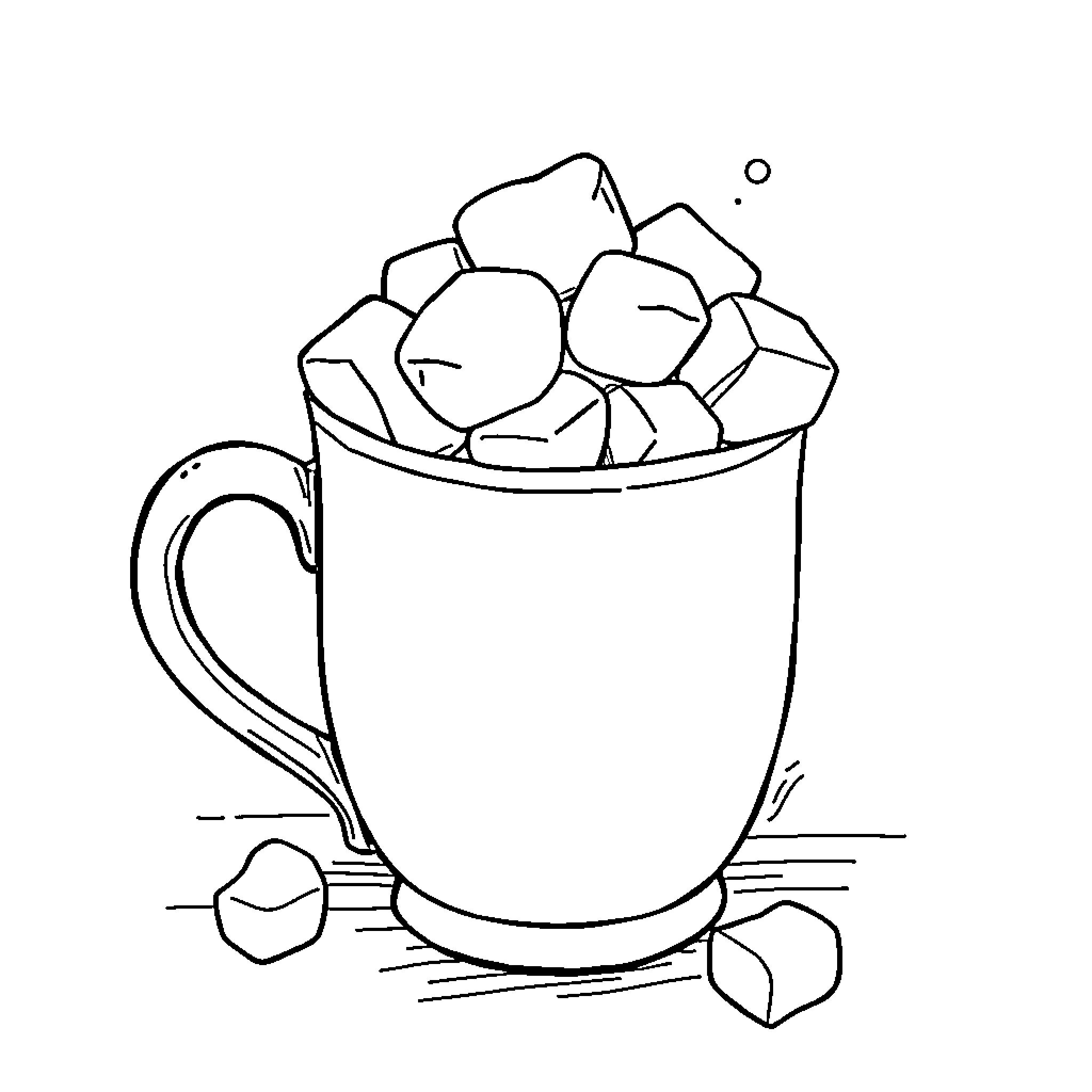 Coffee Mug with Marshmallows Coloring Page (free black-and-white line drawing printable PDF for all, from beginners to advanced learners, including children, teens, adults, and seniors)
