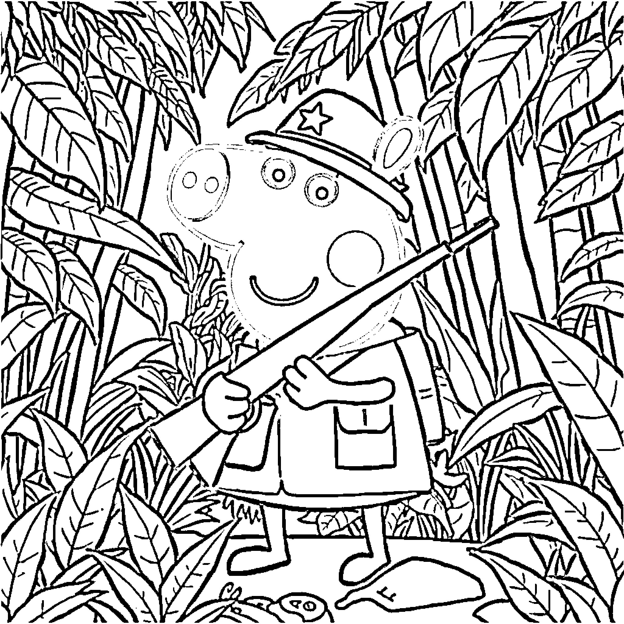 Peppa Pig exploring the jungle in her uniform Coloring Page (free black-and-white line drawing printable PDF for all, from beginners to advanced learners, including children, teens, adults, and seniors)