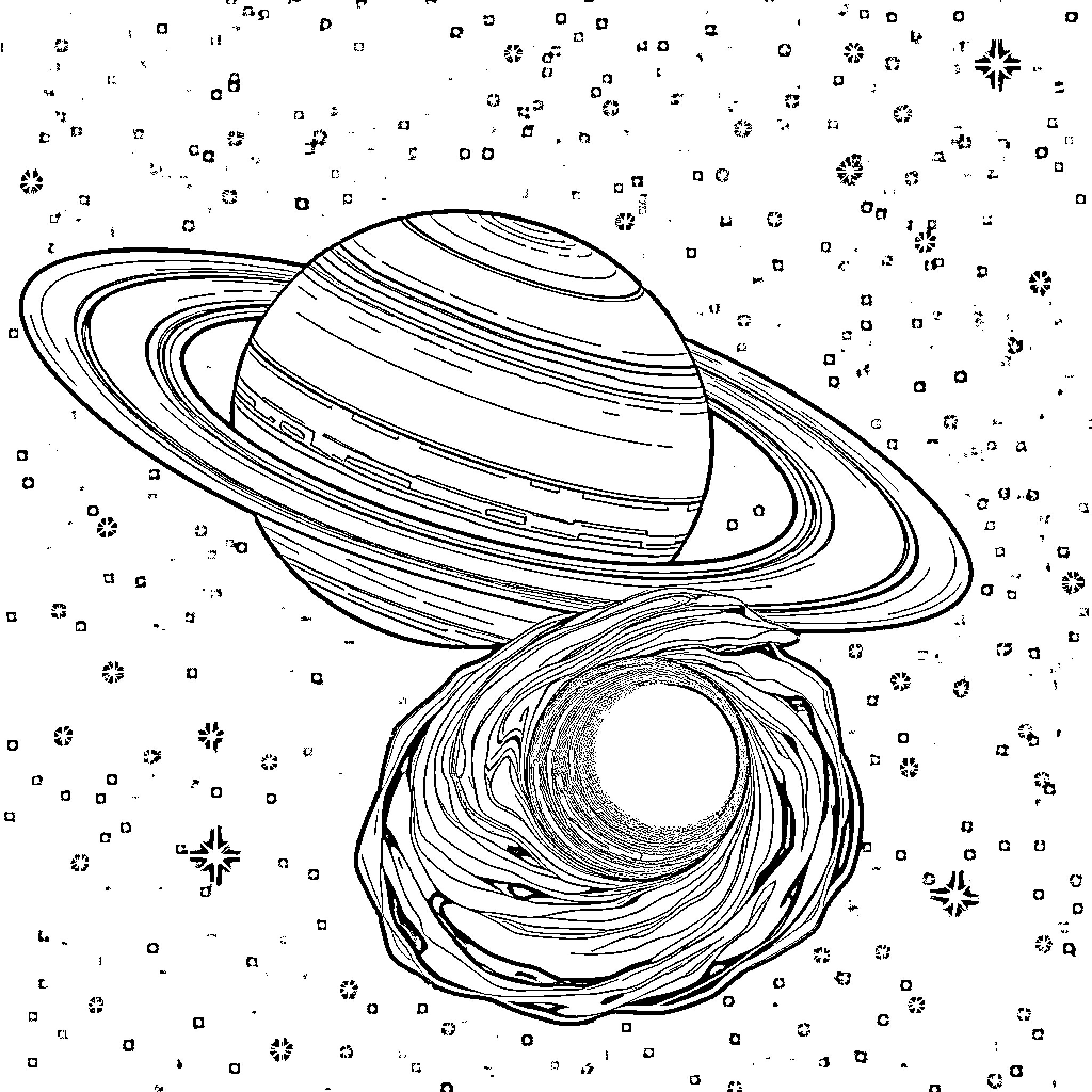 Planet with rings in a starry cosmos Coloring Page (free black-and-white line drawing printable PDF for all, from beginners to advanced learners, including children, teens, adults, and seniors)