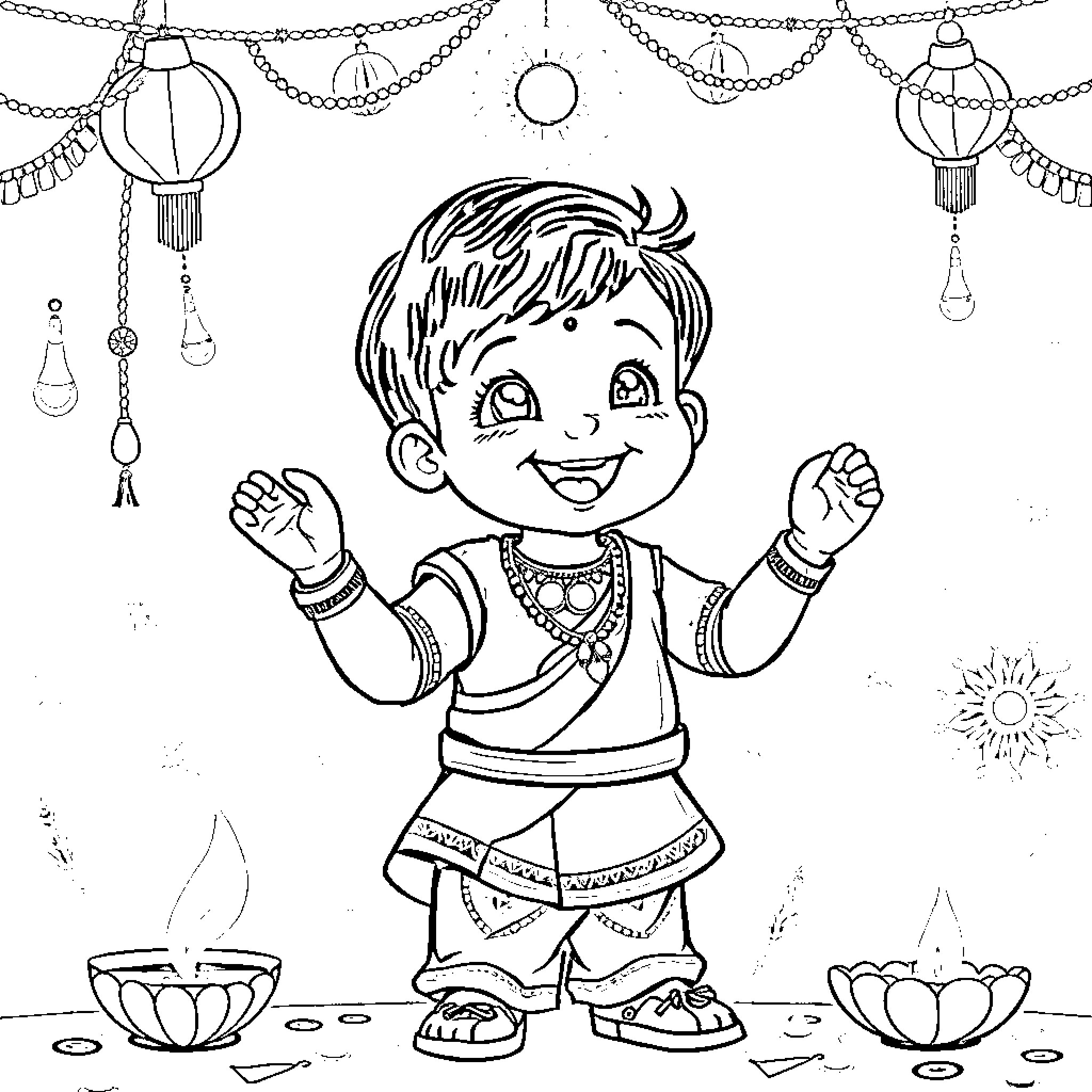 Child celebrating joyfully with decorations Coloring Page (free black-and-white line drawing printable PDF for all, from beginners to advanced learners, including children, teens, adults, and seniors)