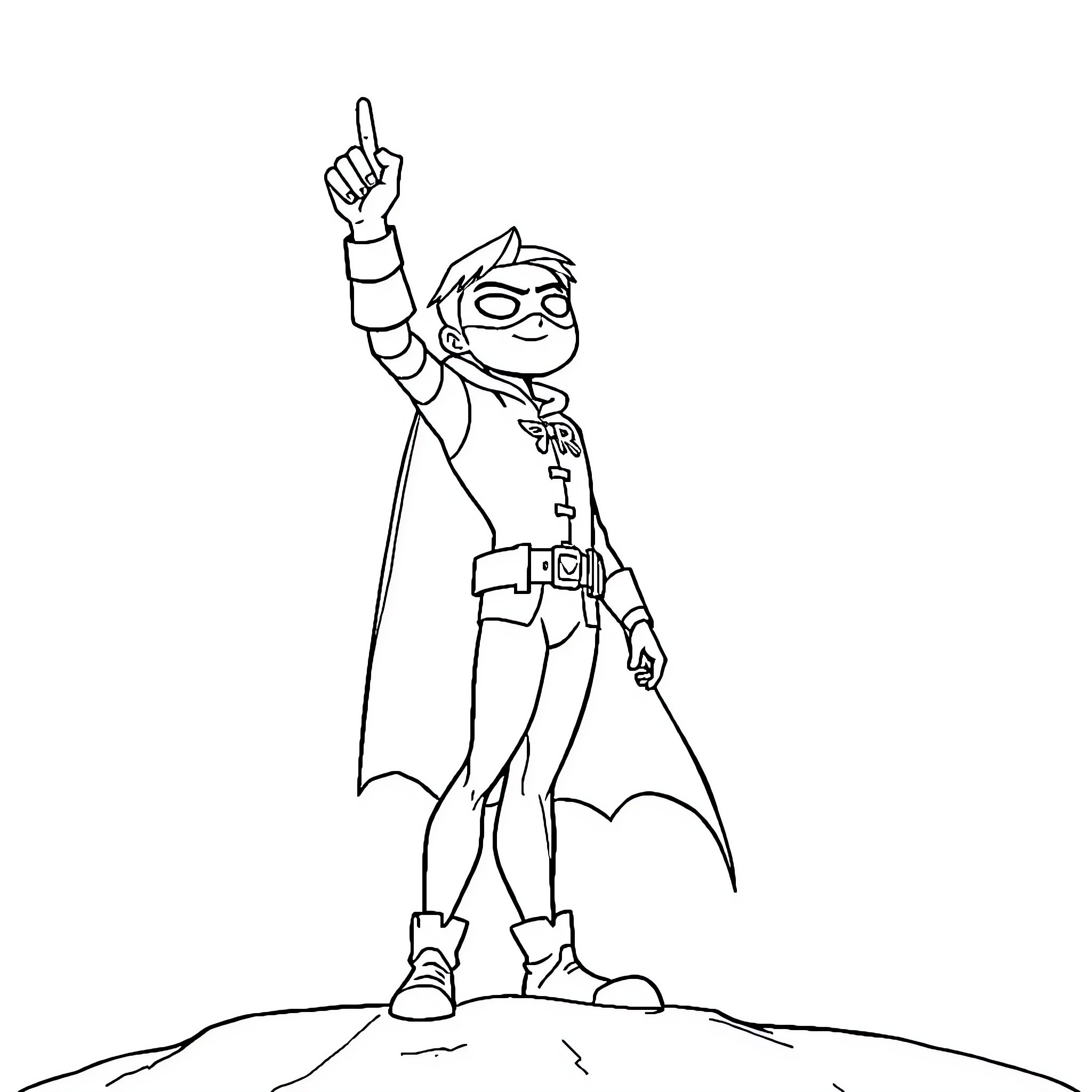 Robin Strikes a Heroic Pose on the Landscape Coloring Page (free black-and-white line drawing printable PDF for all, from beginners to advanced learners, including children, teens, adults, and seniors)
