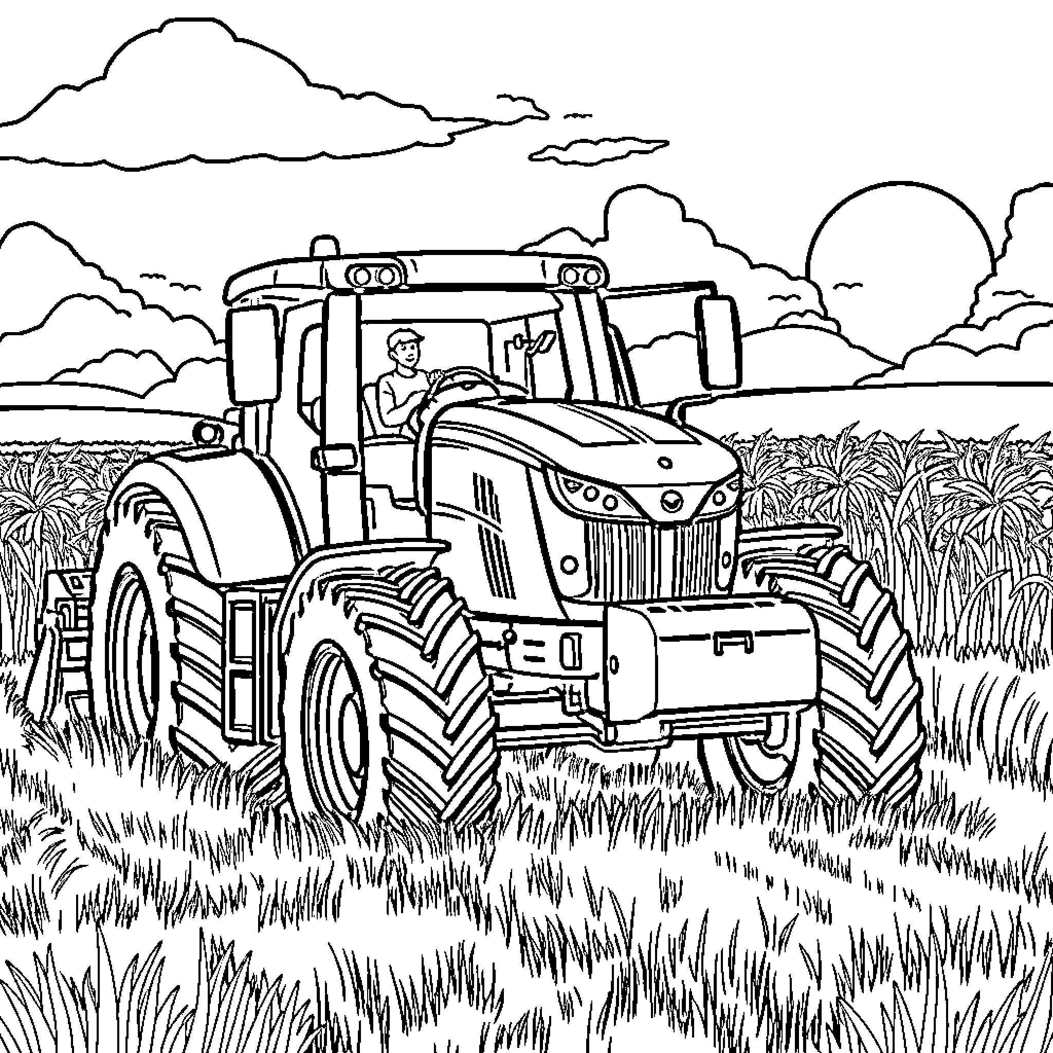 Tractor plowing through the fields Coloring Page (free black-and-white line drawing printable PDF for all, from beginners to advanced learners, including children, teens, adults, and seniors)