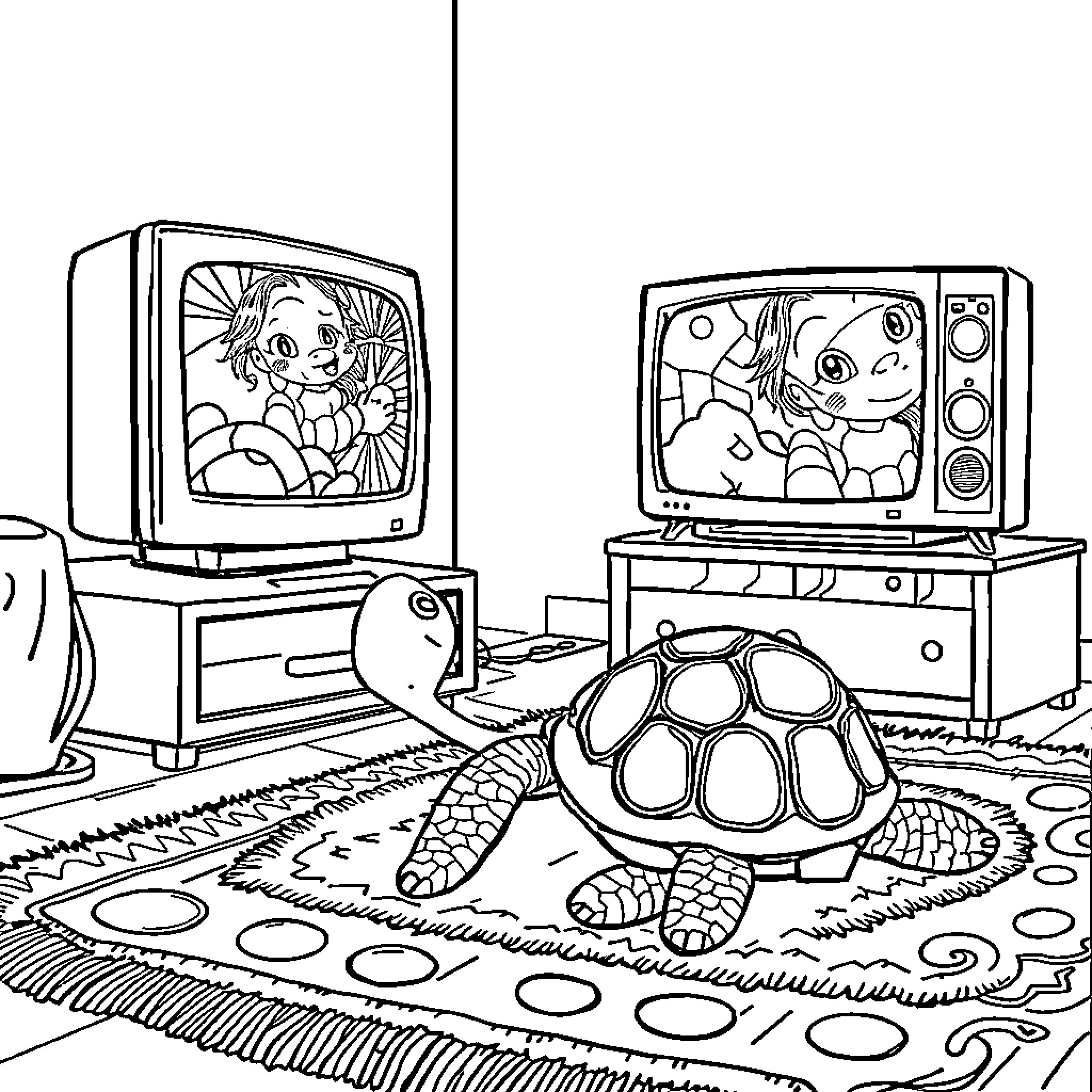 Turtle relaxing in front of the television Coloring Page (free black-and-white line drawing printable PDF for all, from beginners to advanced learners, including children, teens, adults, and seniors)