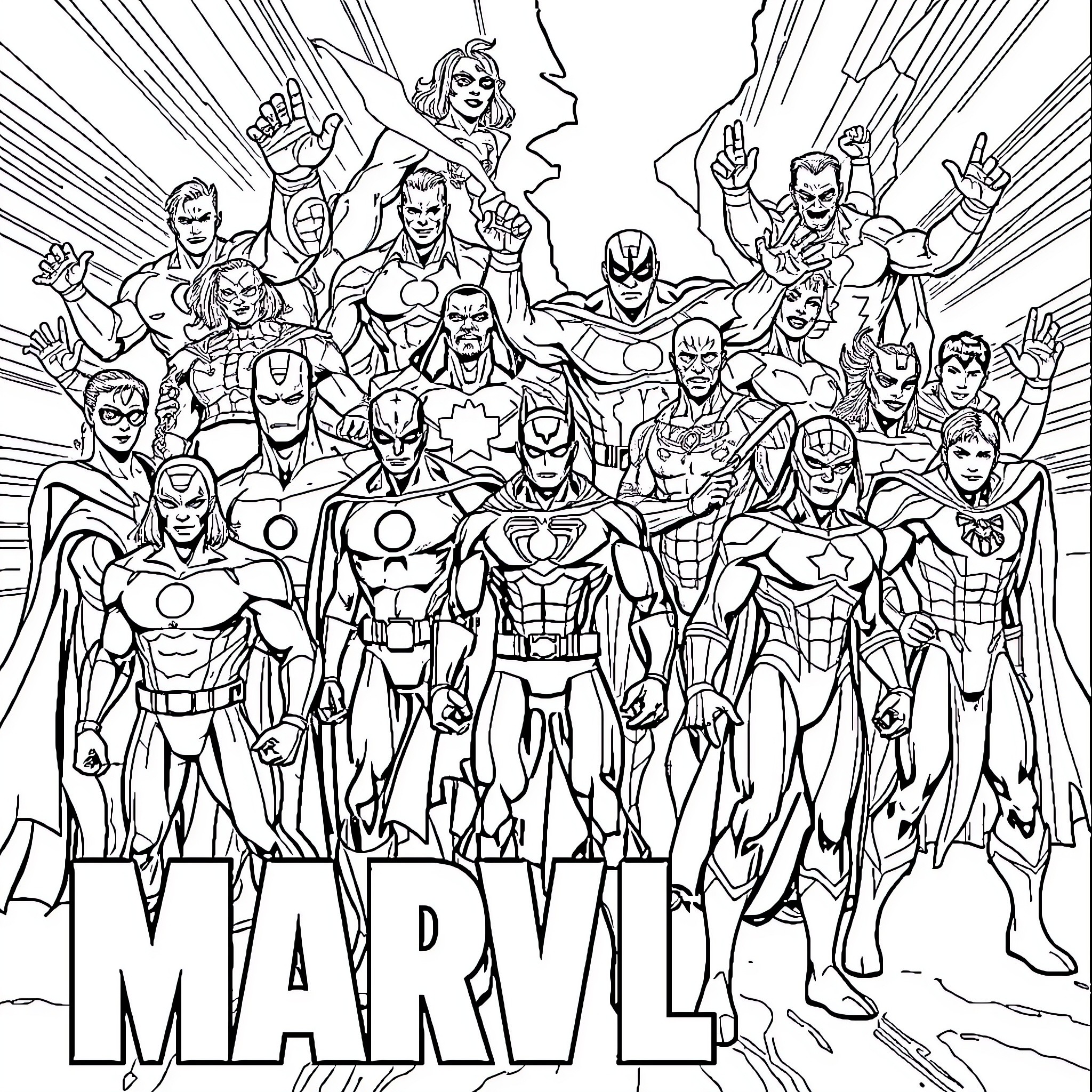 Superhero Ensemble in Action-Packed Marvel Adventure Coloring Page (free black-and-white line drawing printable PDF for all, from beginners to advanced learners, including children, teens, adults, and seniors)
