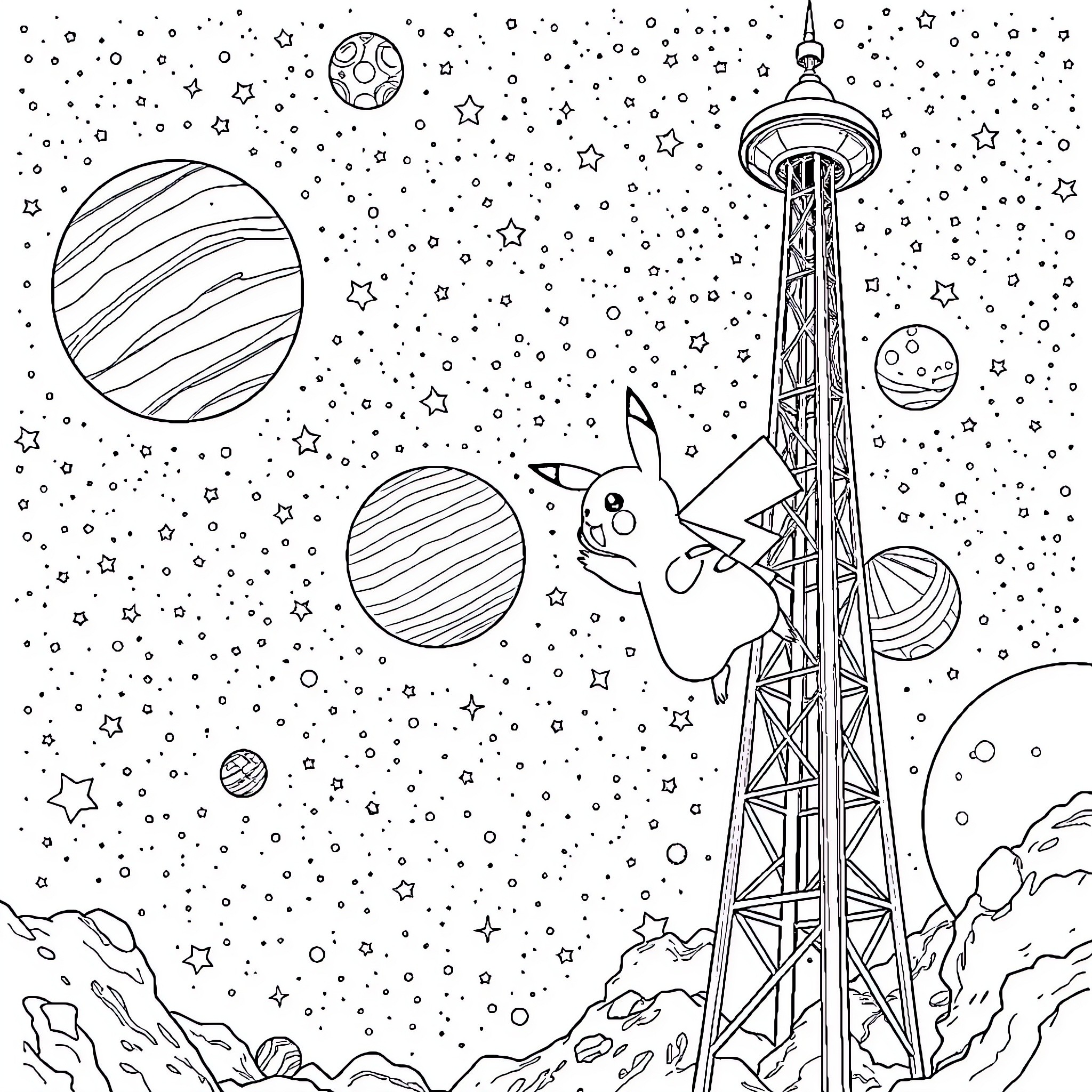 Pikachu's Intergalactic Adventure Coloring Page (free black-and-white line drawing printable PDF for all, from beginners to advanced learners, including children, teens, adults, and seniors)
