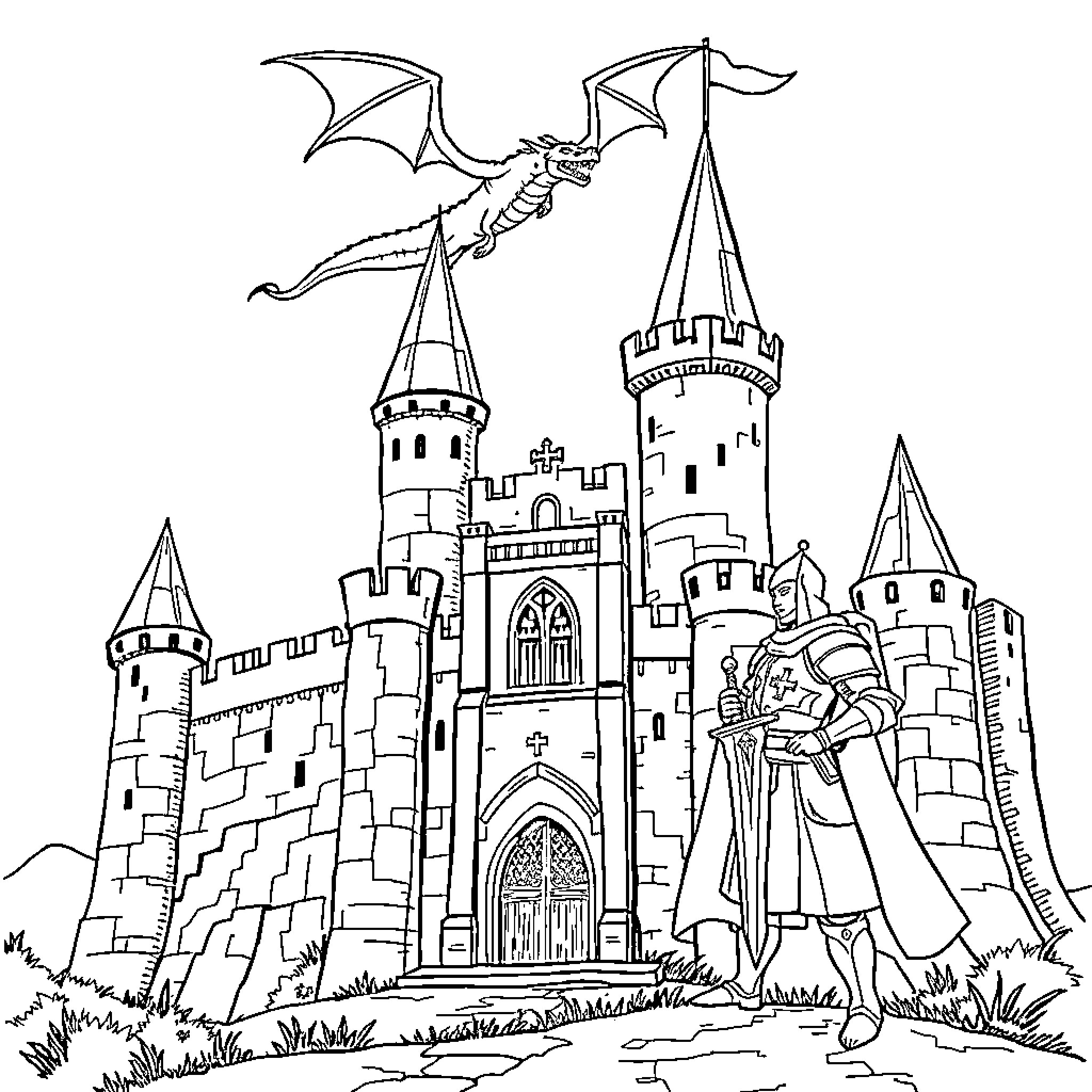 Castle with a knight and a dragon Coloring Page (free black-and-white line drawing printable PDF for all, from beginners to advanced learners, including children, teens, adults, and seniors)