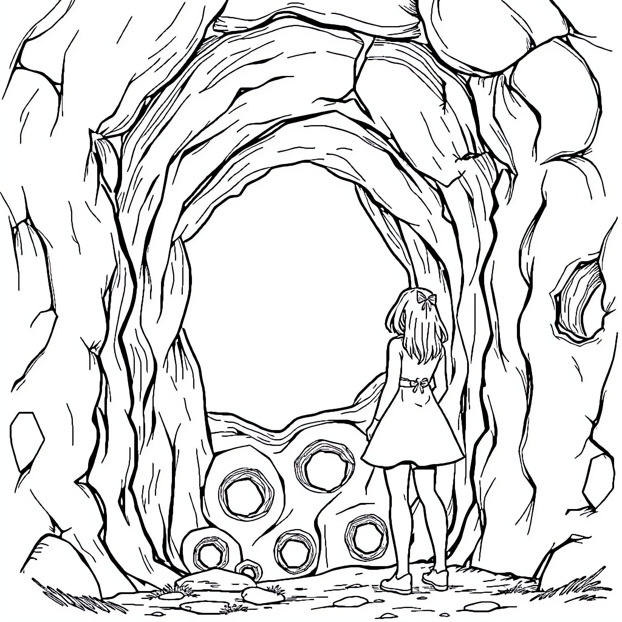 Lady exploring mysterious forest landscape Coloring Page (free black-and-white line drawing printable PDF for all, from beginners to advanced learners, including children, teens, adults, and seniors)