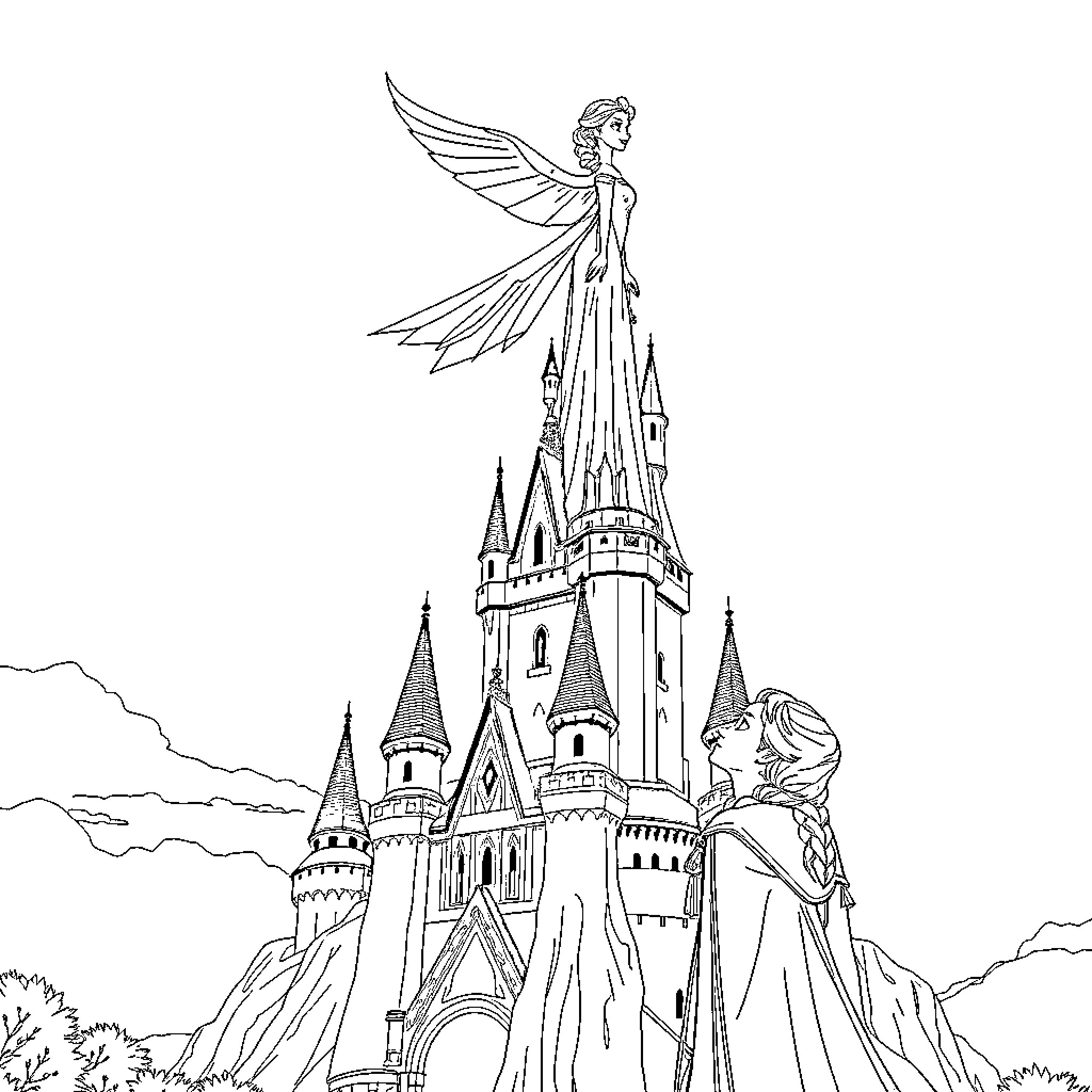 Elsa's Enchanted Castle Adventure Coloring Page (free black-and-white line drawing printable PDF for all, from beginners to advanced learners, including children, teens, adults, and seniors)