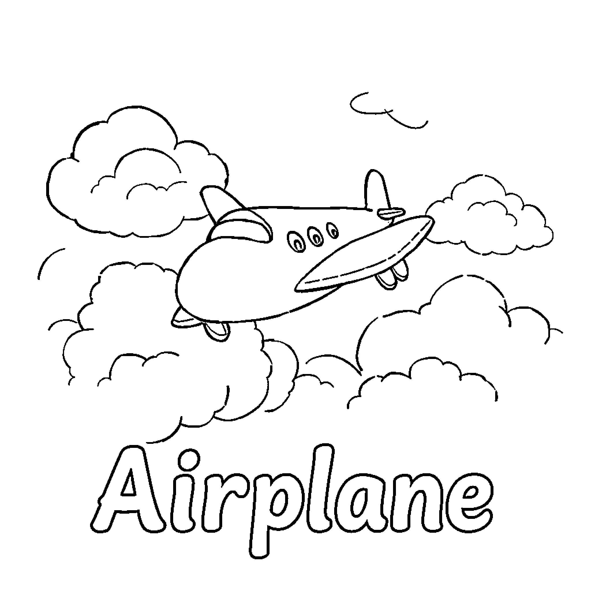 Airplane soaring through the cloudy sky Coloring Page (free black-and-white line drawing printable PDF for all, from beginners to advanced learners, including children, teens, adults, and seniors)