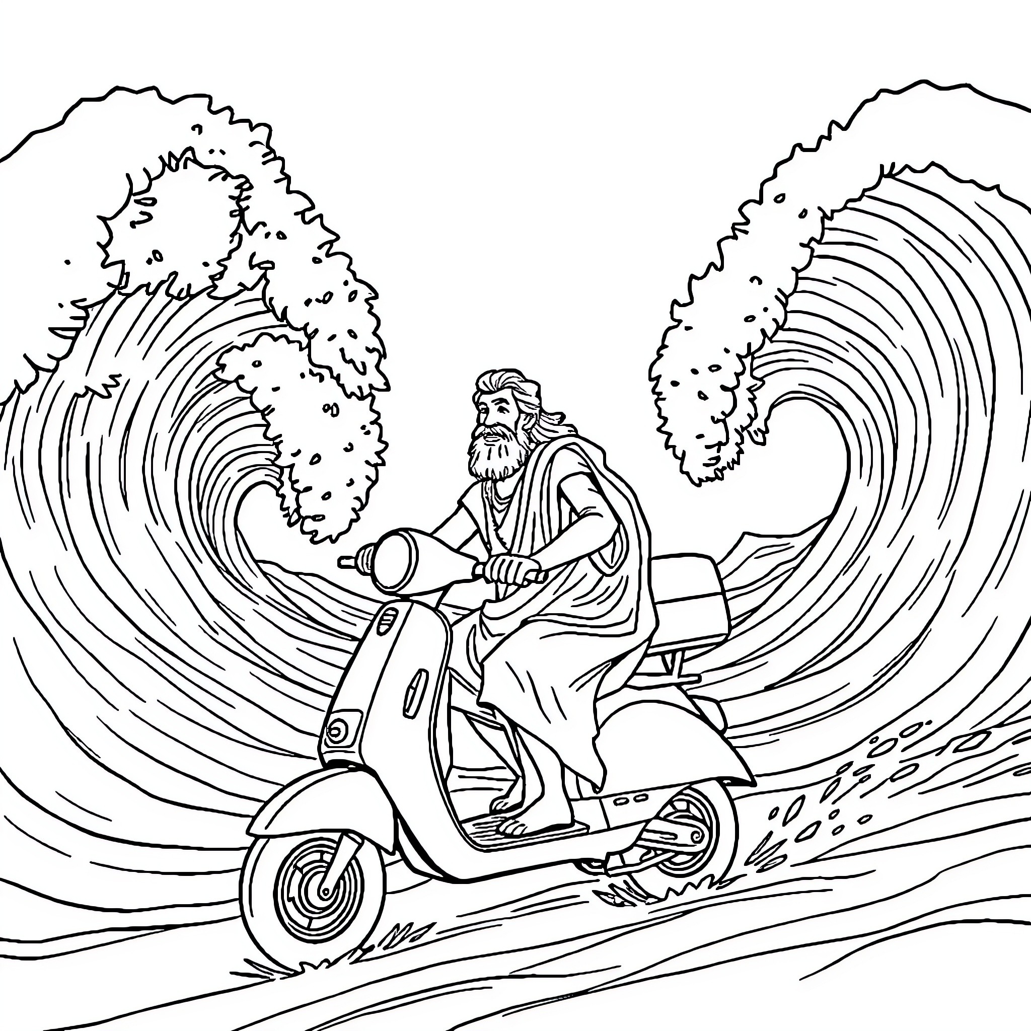 Moses Riding a Scooter Amidst Stormy Waves Coloring Page (free black-and-white line drawing printable PDF for all, from beginners to advanced learners, including children, teens, adults, and seniors)