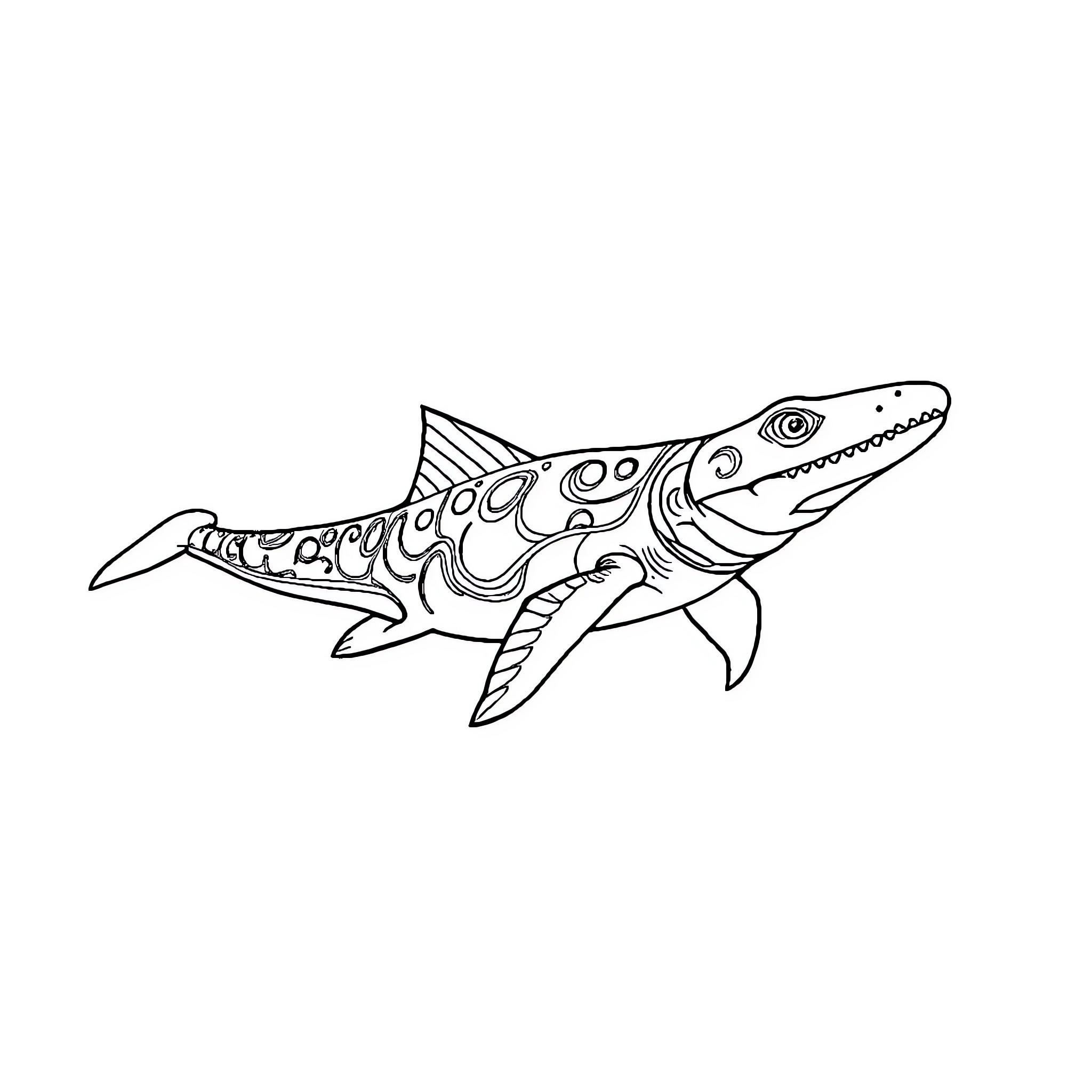 Mosasaurus depicted in outlined sketch Coloring Page (free black-and-white line drawing printable PDF for all, from beginners to advanced learners, including children, teens, adults, and seniors)