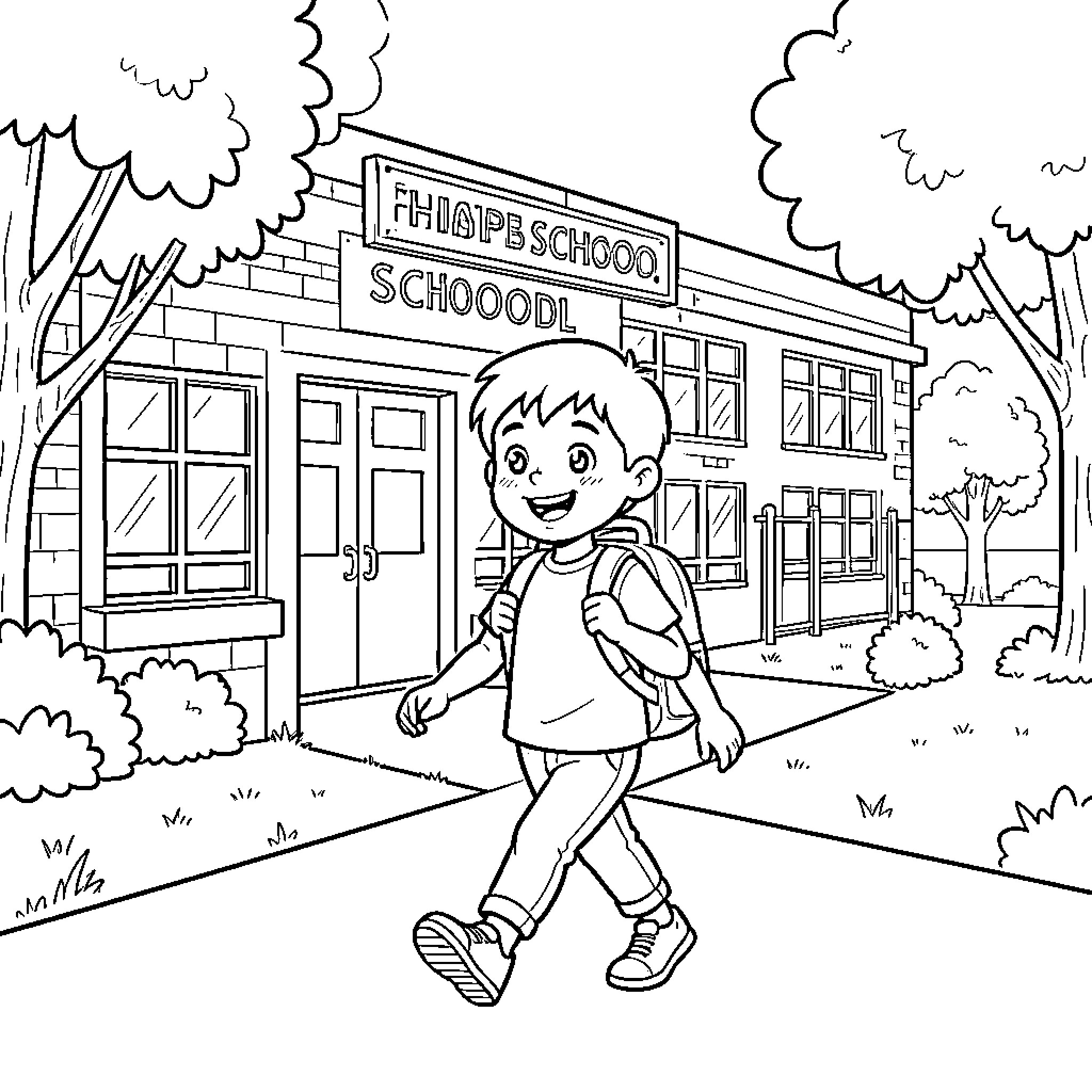 Boy walking to school on a sunny day Coloring Page (free black-and-white line drawing printable PDF for all, from beginners to advanced learners, including children, teens, adults, and seniors)