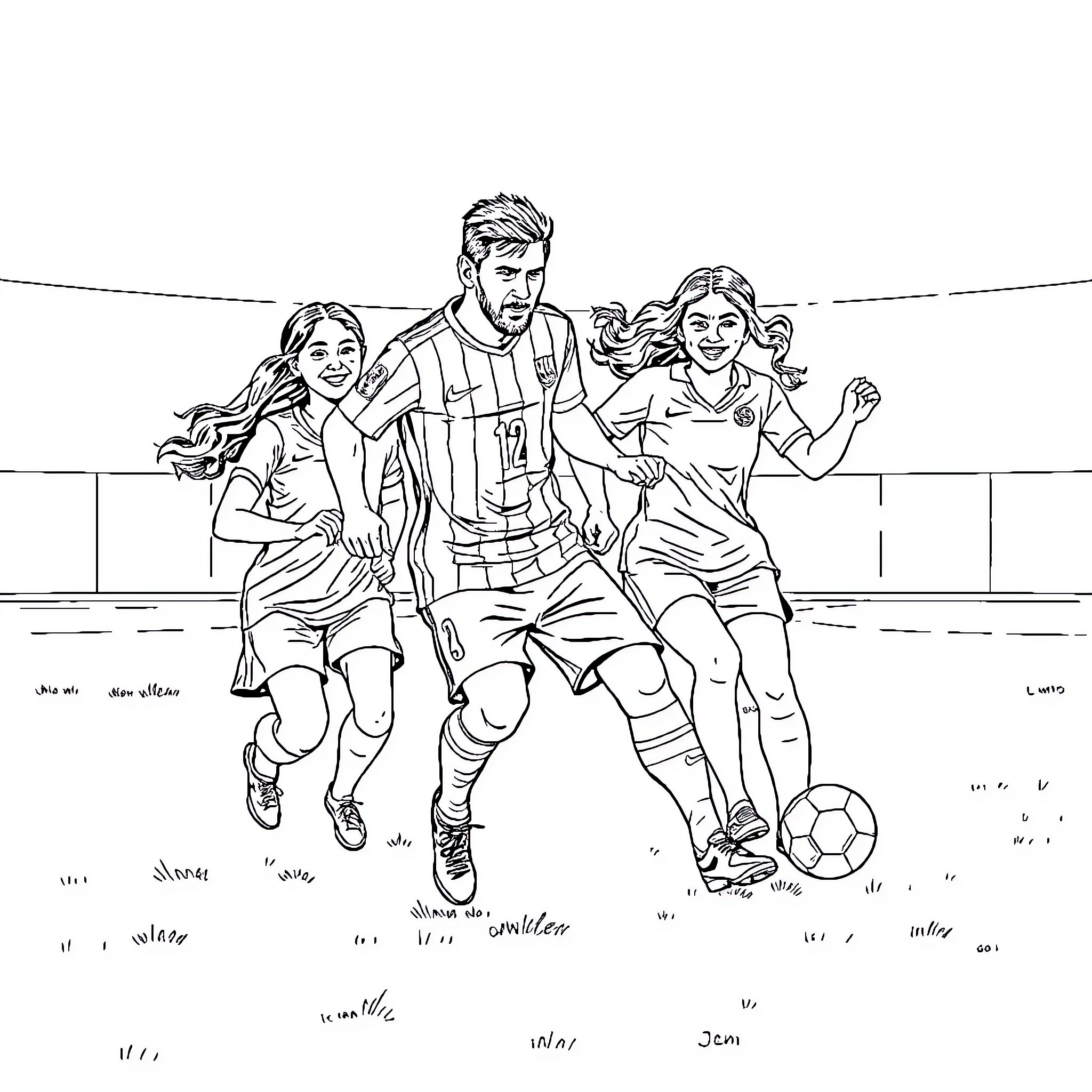 Messi celebrating with teammates on the field Coloring Page (free black-and-white line drawing printable PDF for all, from beginners to advanced learners, including children, teens, adults, and seniors)