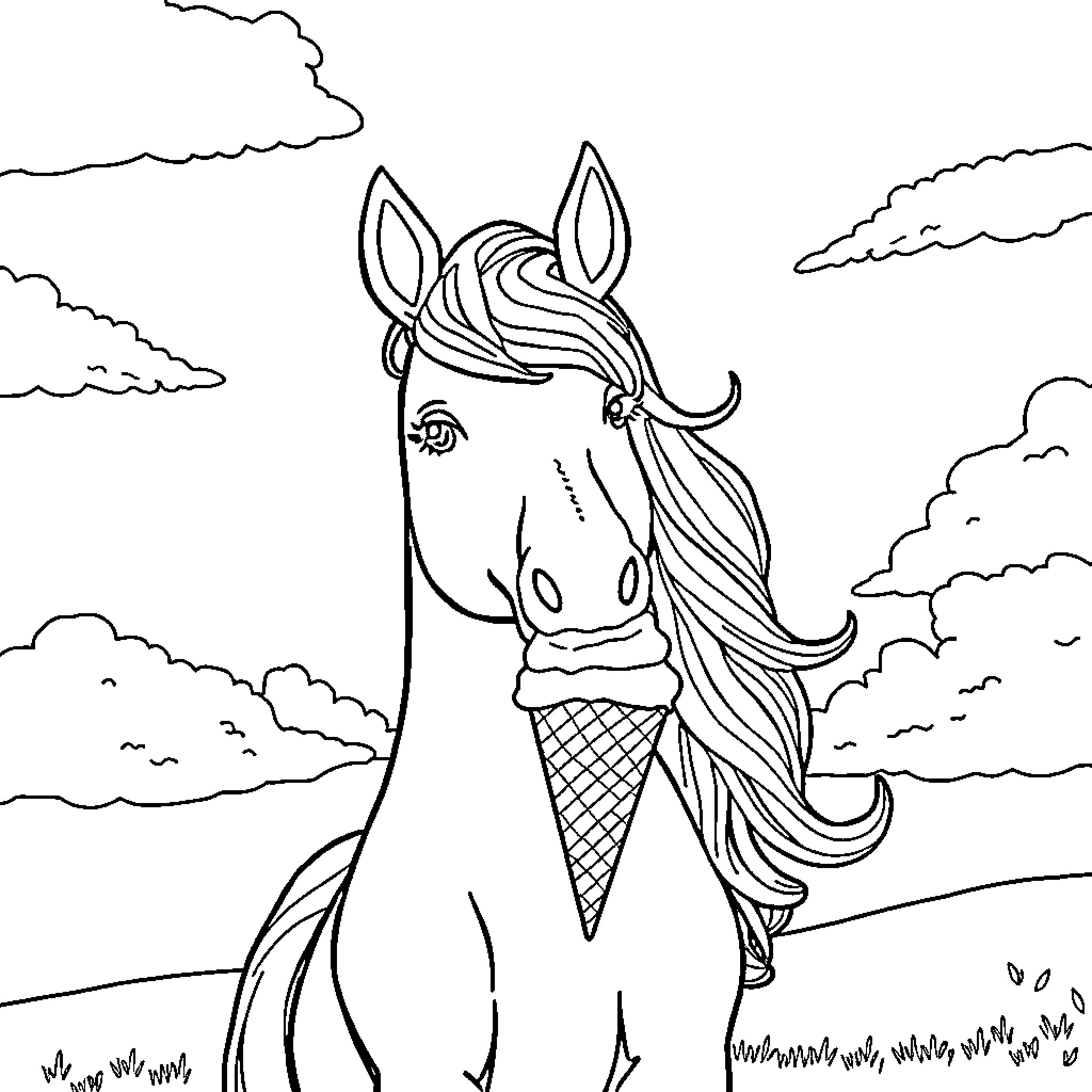 Unicorn enjoying an ice cream cone in a field Coloring Page (free black-and-white line drawing printable PDF for all, from beginners to advanced learners, including children, teens, adults, and seniors)