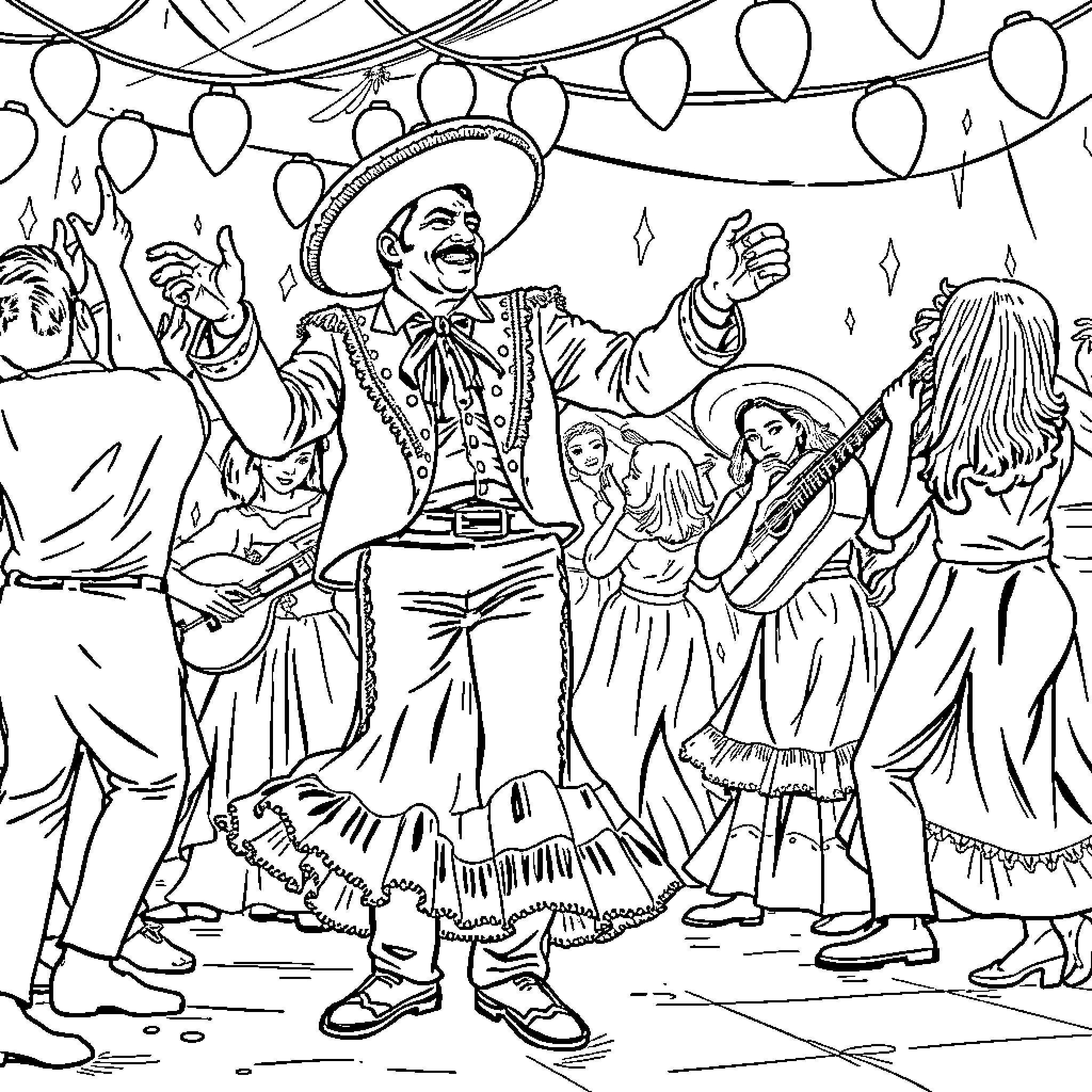 Emiliano Zapata Celebrating with Festive Dancers Coloring Page (free black-and-white line drawing printable PDF for all, from beginners to advanced learners, including children, teens, adults, and seniors)