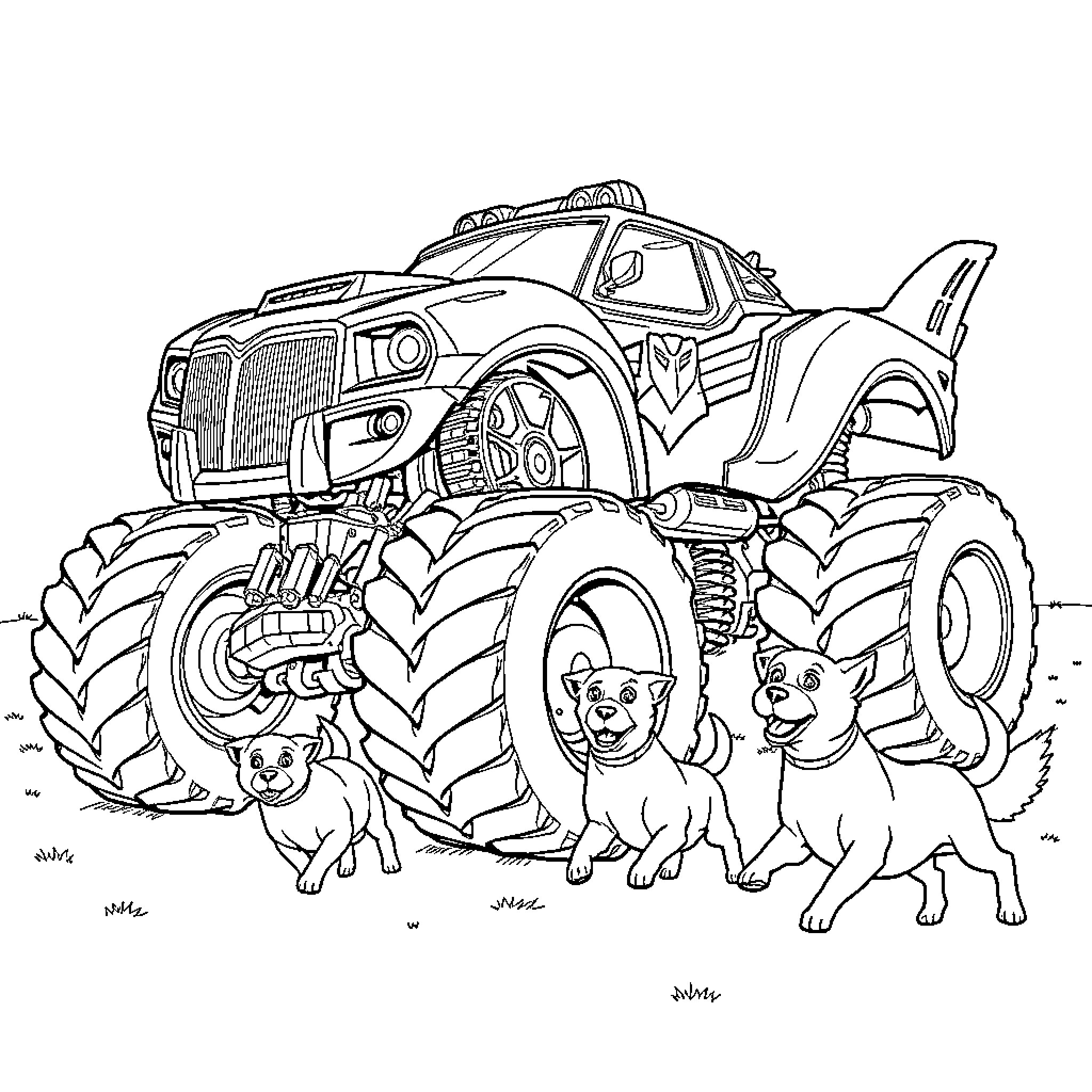 Truck with dogs in an adventure scene Coloring Page (free black-and-white line drawing printable PDF for all, from beginners to advanced learners, including children, teens, adults, and seniors)