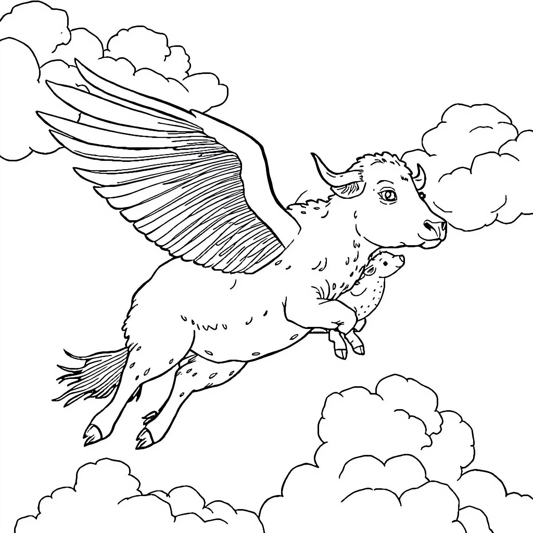 Vaca with wings soaring through the clouds Coloring Page (free black-and-white line drawing printable PDF for all, from beginners to advanced learners, including children, teens, adults, and seniors)